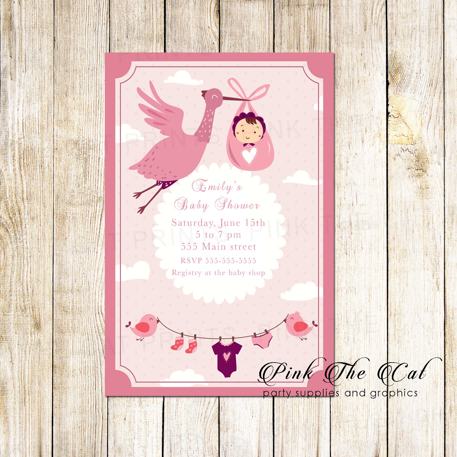 Pink stork baby shower invitation printable instant download
