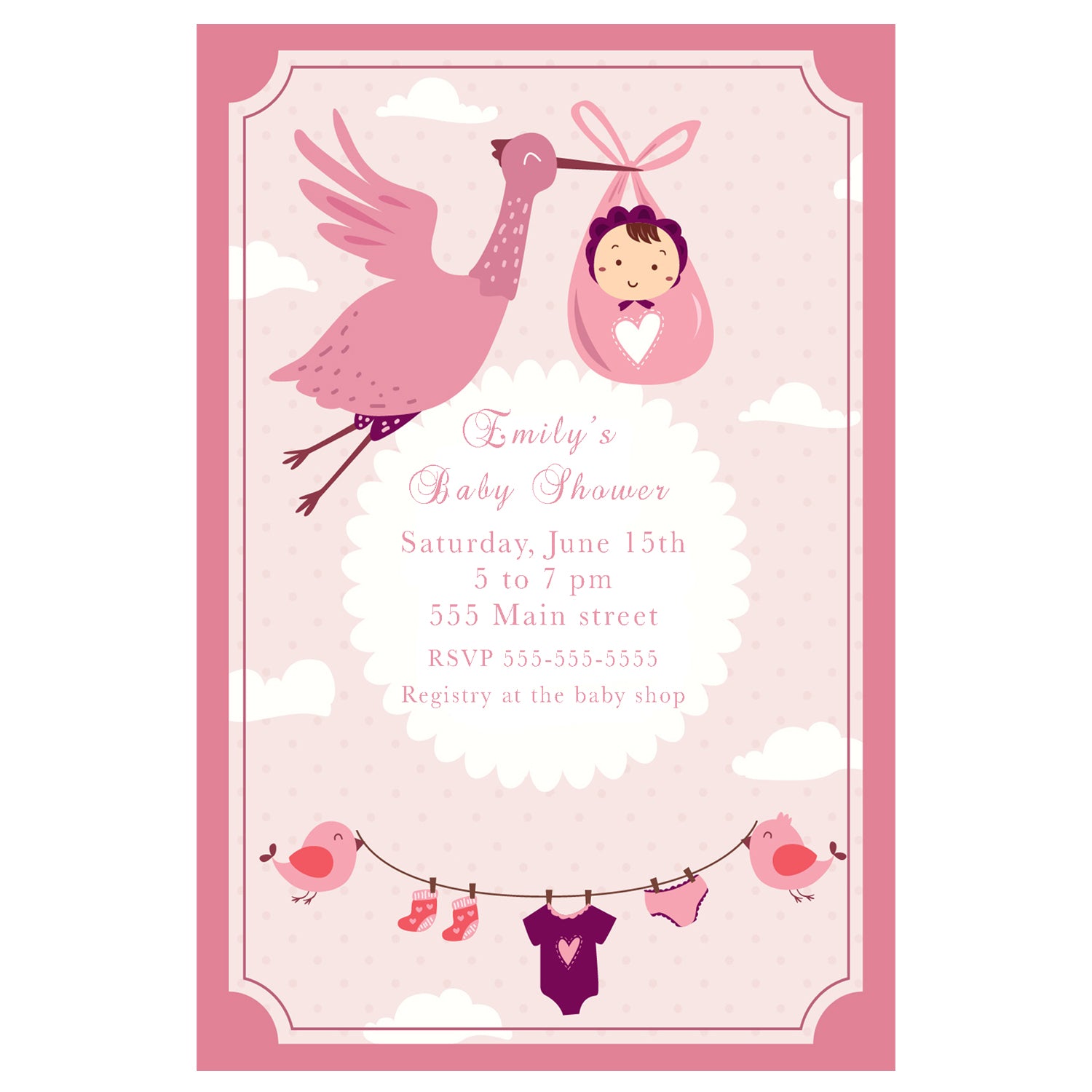 30 Stork pink invitations girl baby shower personalized