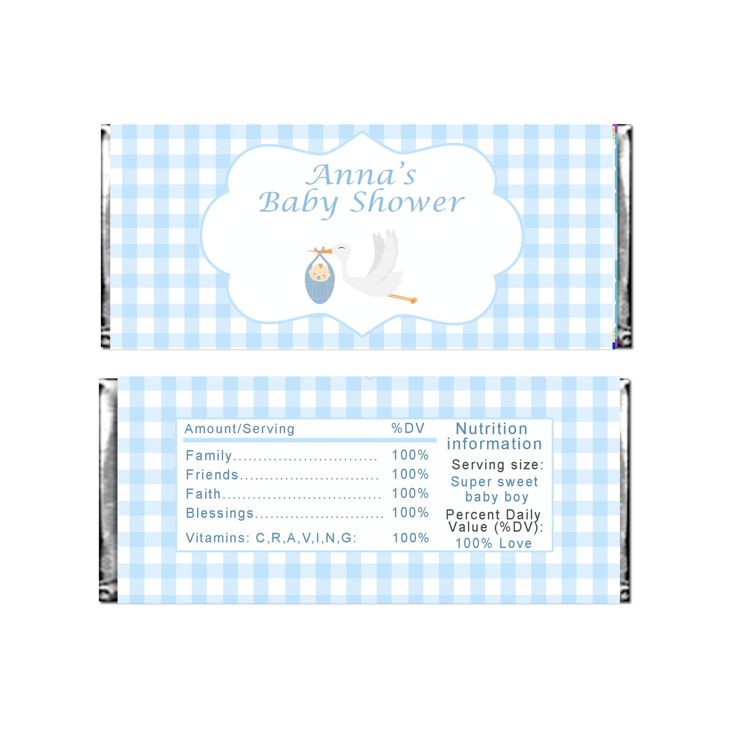 Candy bar wrappers blue stork printable baby shower favors