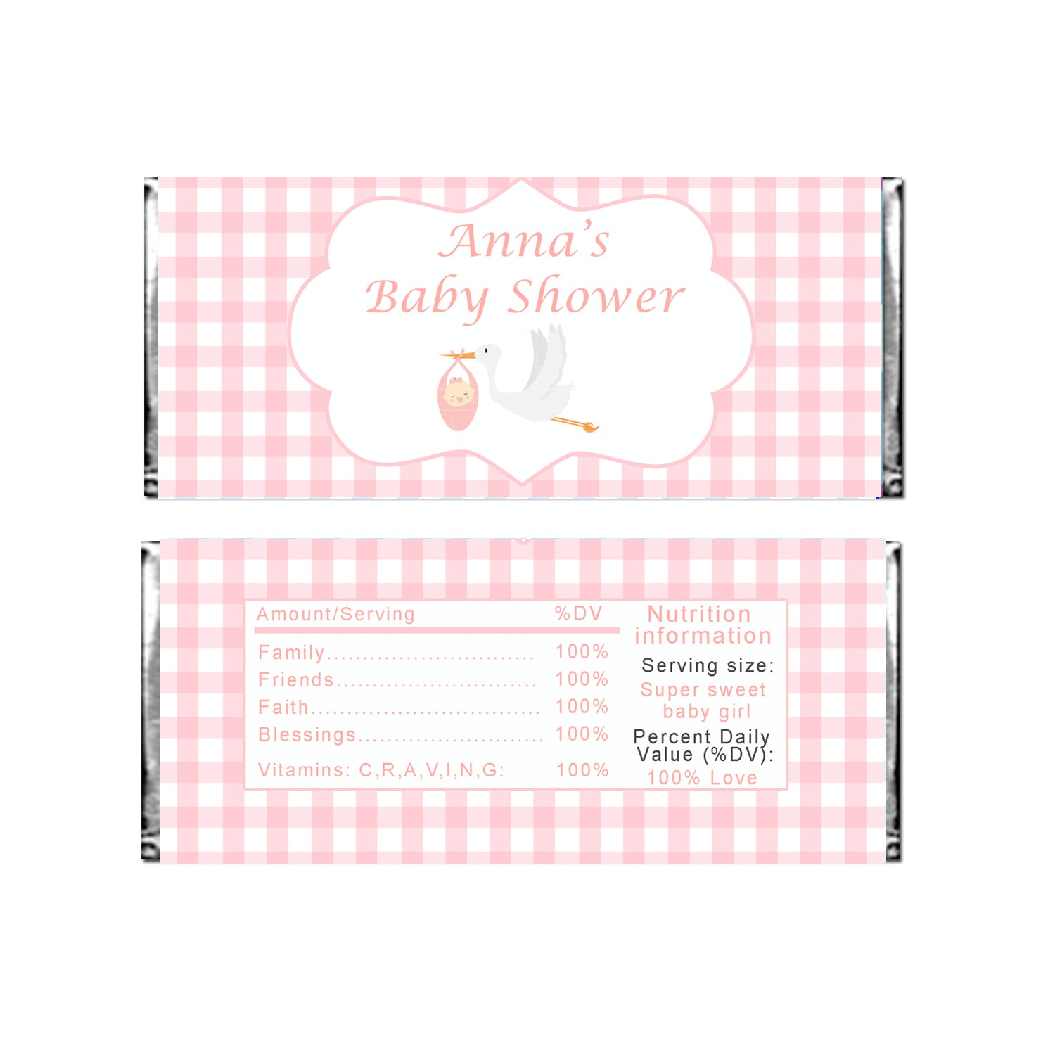 30 Candy bar wrappers pink stork personalized baby shower favors