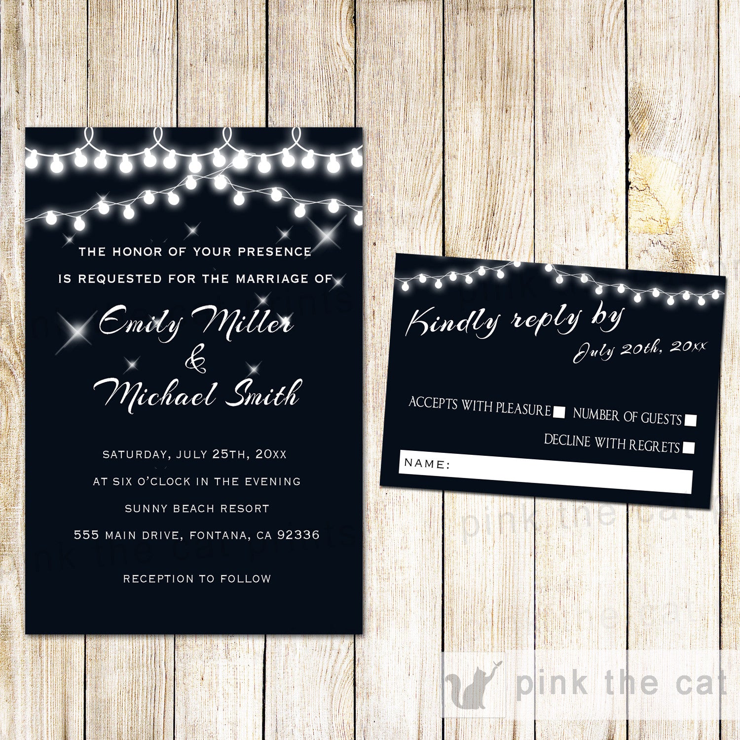String Lamps Wedding Invitation & RSVP Card Black