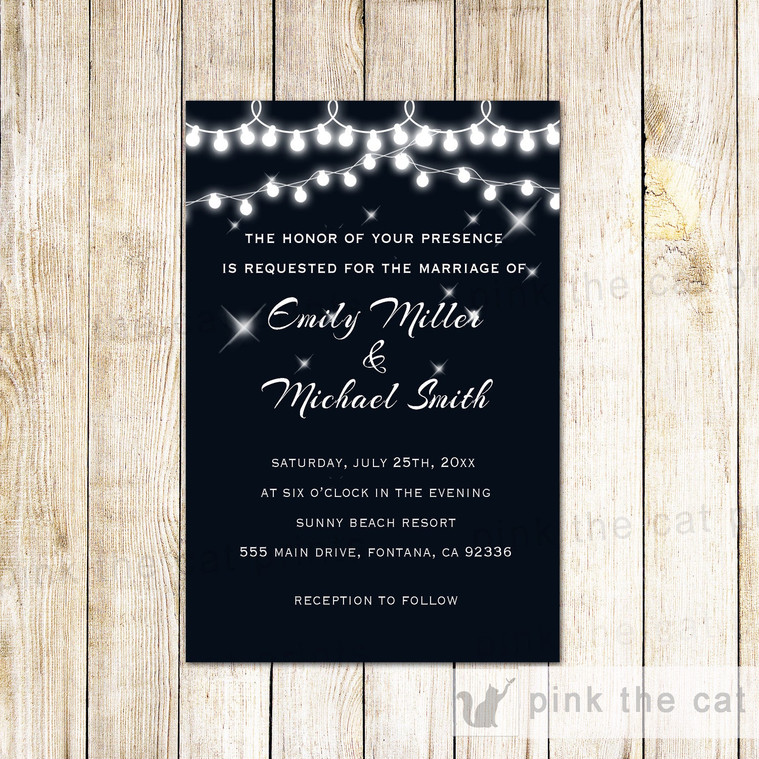 String Lamps Wedding Invitation & RSVP Card Black