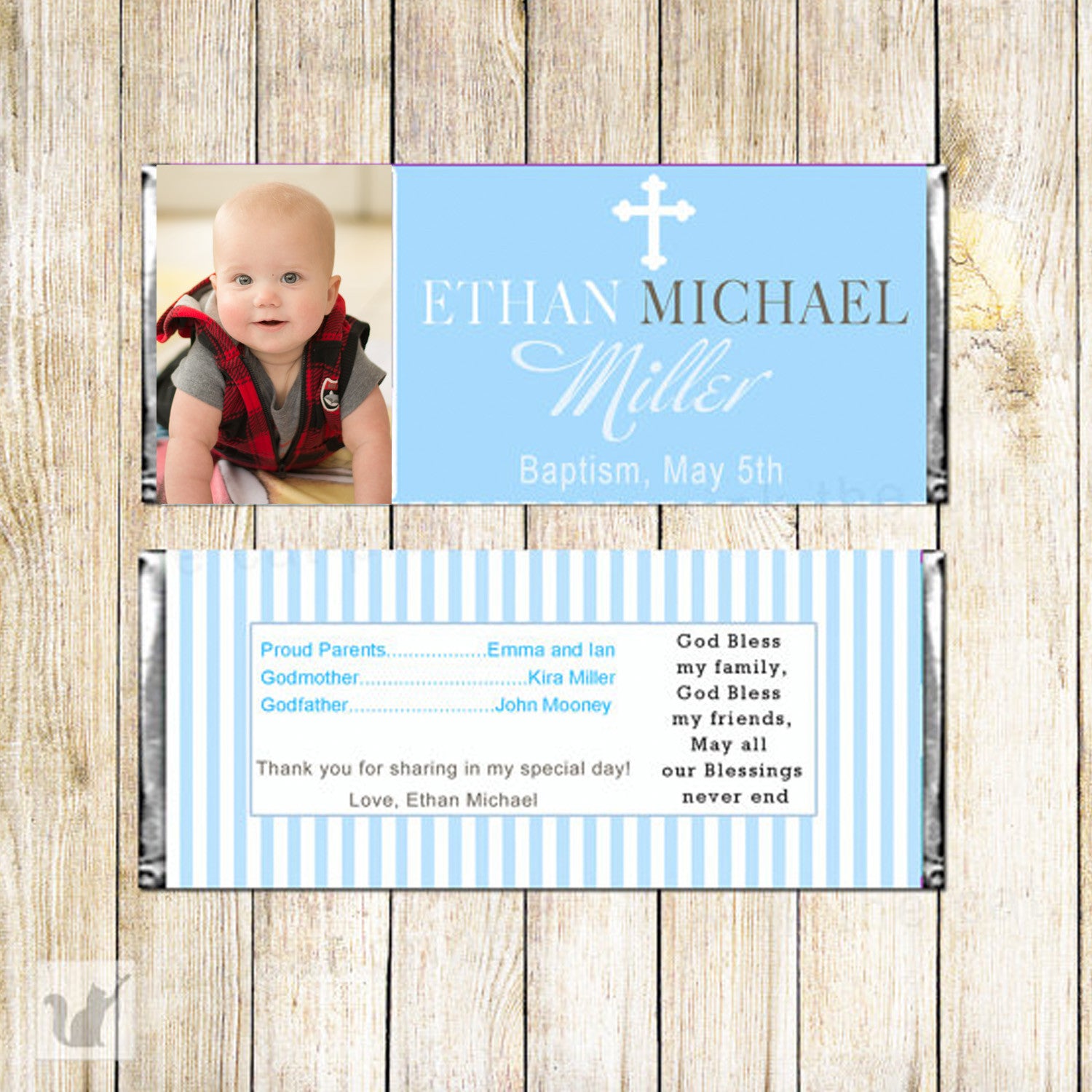 Blue White Boy Baptism Christening Candy Bar Wrapper Label