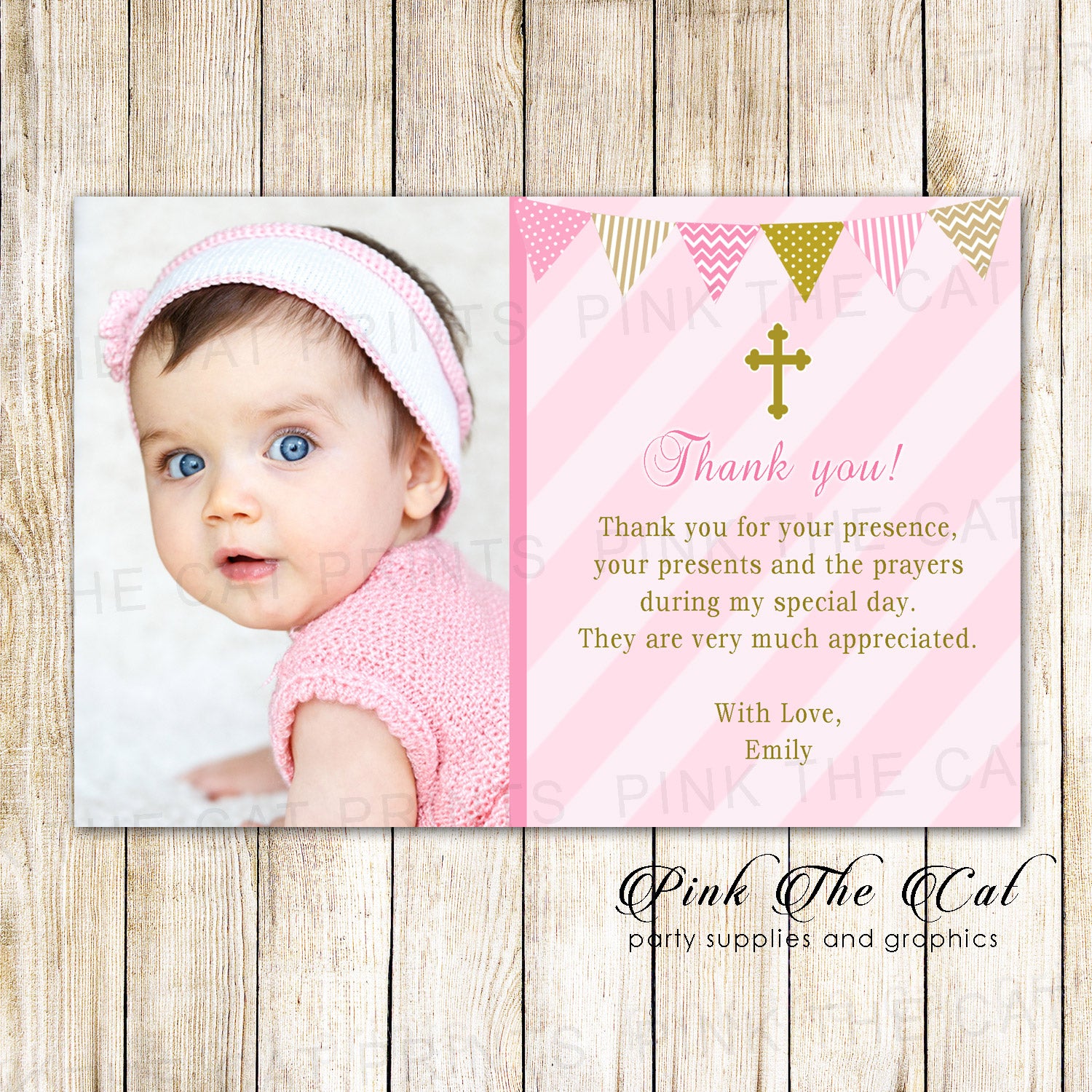 30 Thank You Cards Pink Gold Girl Baptism Christening