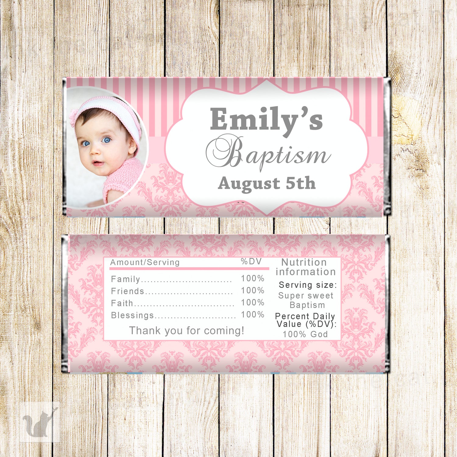 Candy wrapper girl baptism christening favors photo pink printable