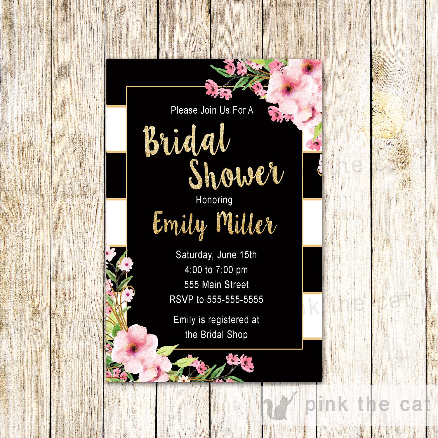 Bridal Shower Invitation Boho Flowers Glitter Gold Pink