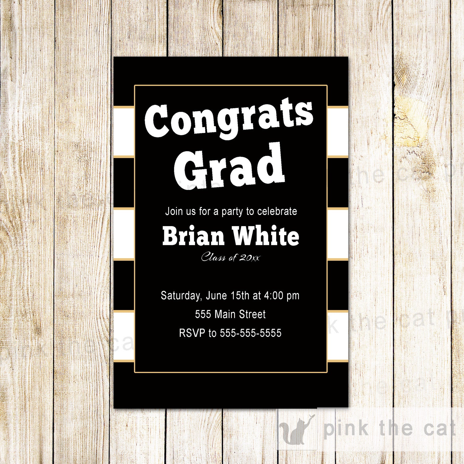 Boy Graduation Invitation Black White Gold Stripes