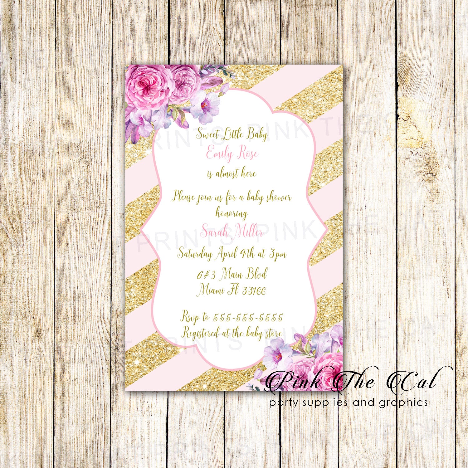30 Invitations blush pink gold glitter stripes floral baby shower