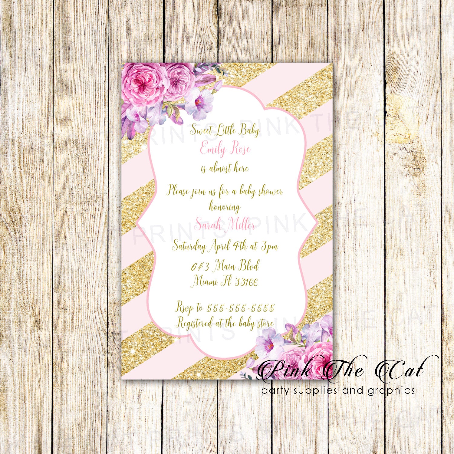 Girl baby shower invitations blush pink gold glitter floral printable