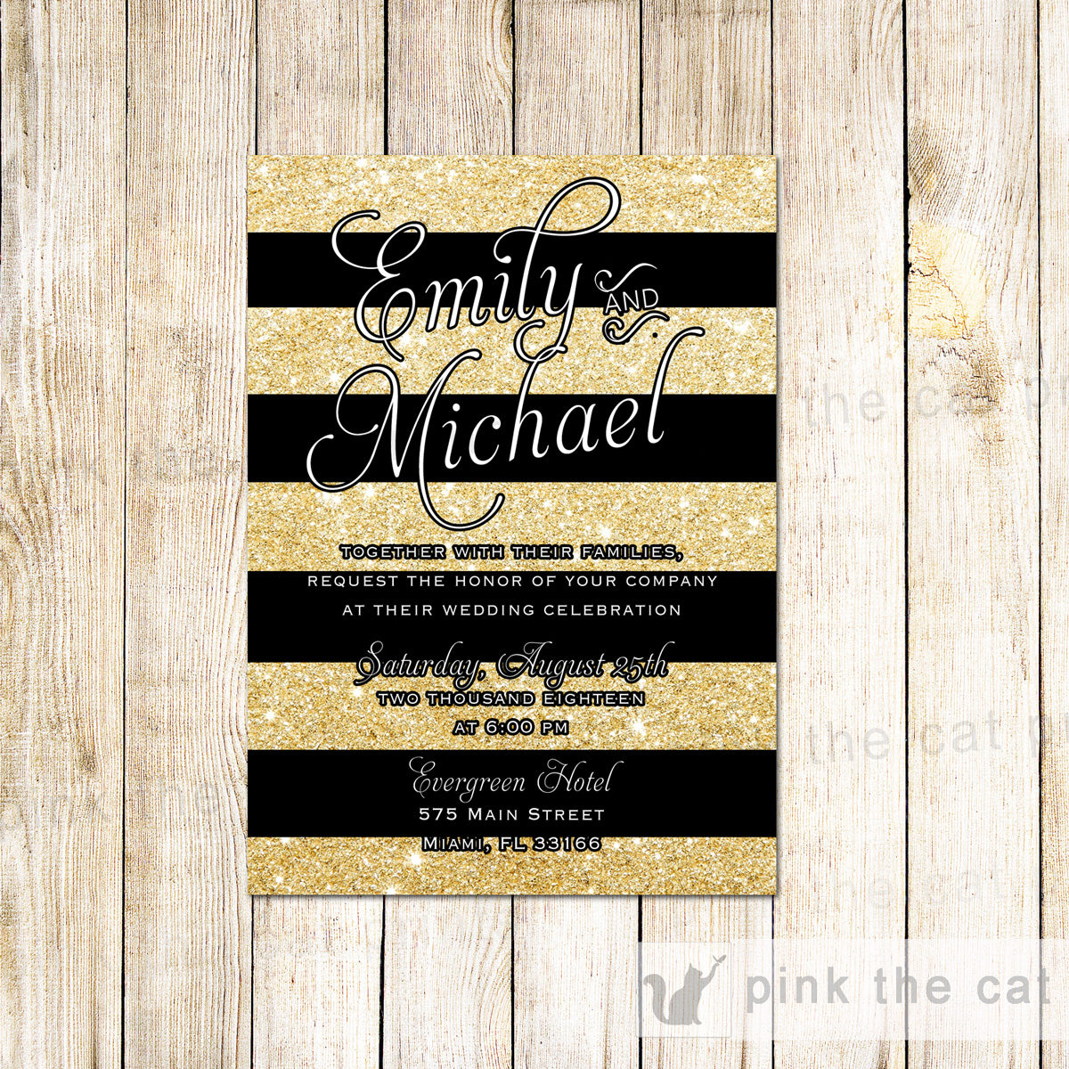 Gold Black Stripes Glitter Wedding Invitation Printable