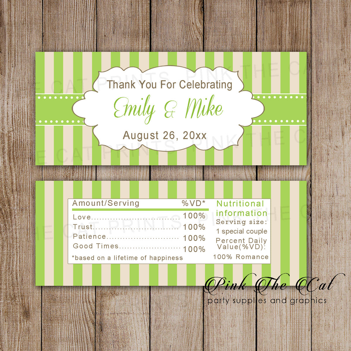 30 Candy Bar Wrappers Wedding Bridal Shower Green Gold
