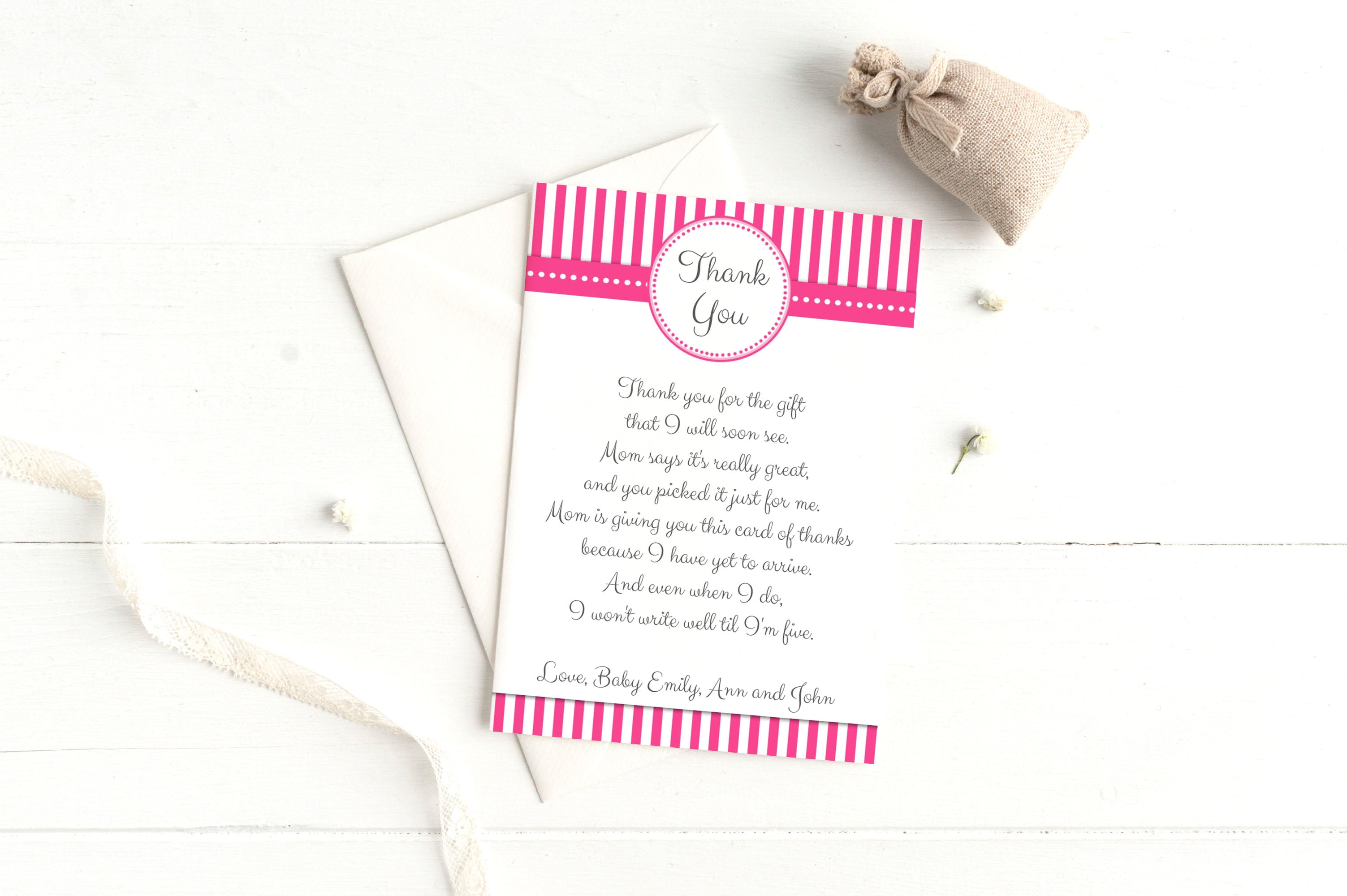 Pink Stripes Thank you Card Note Birthday Baby Girl Shower