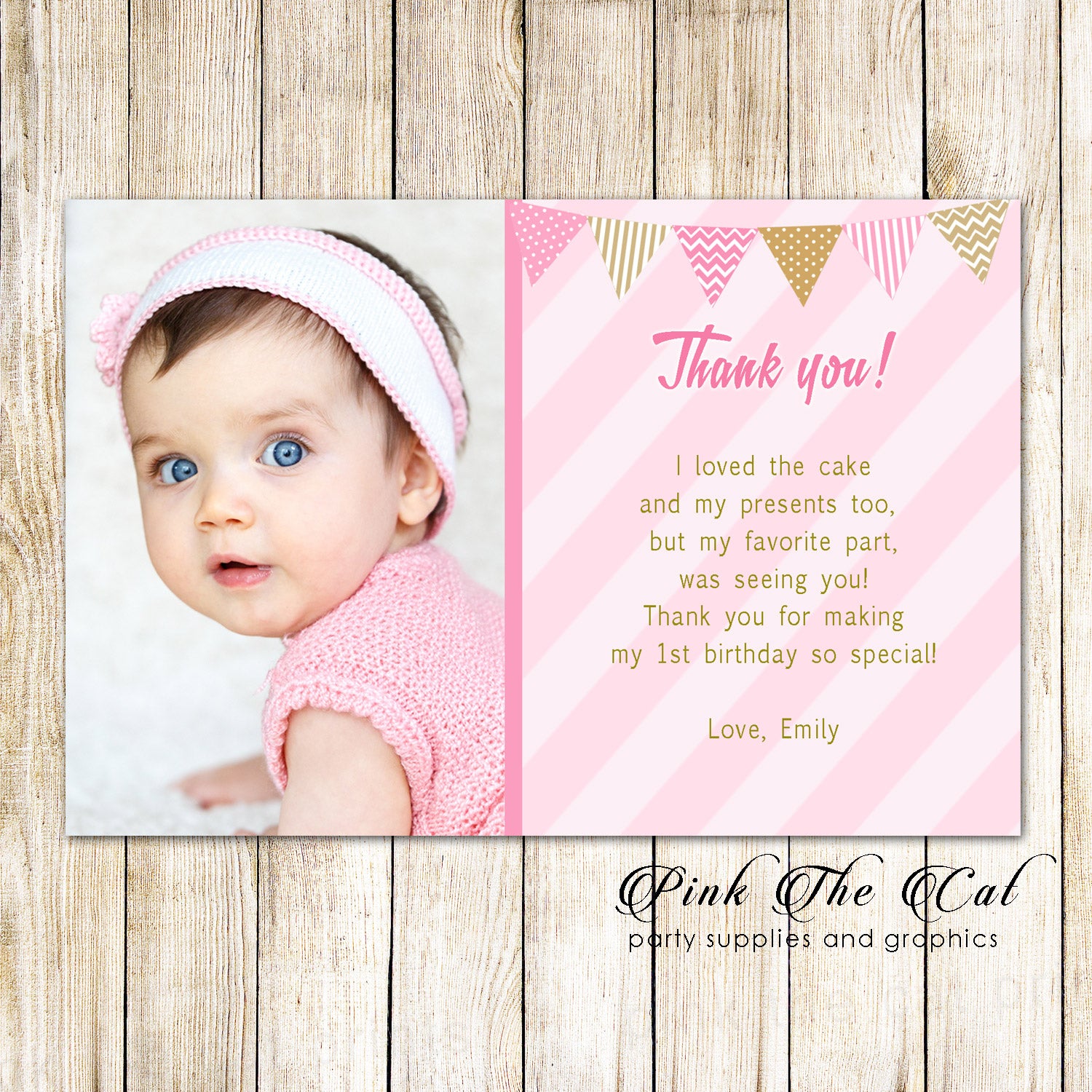 30 Thank you cards girl birthday pink gold with photo