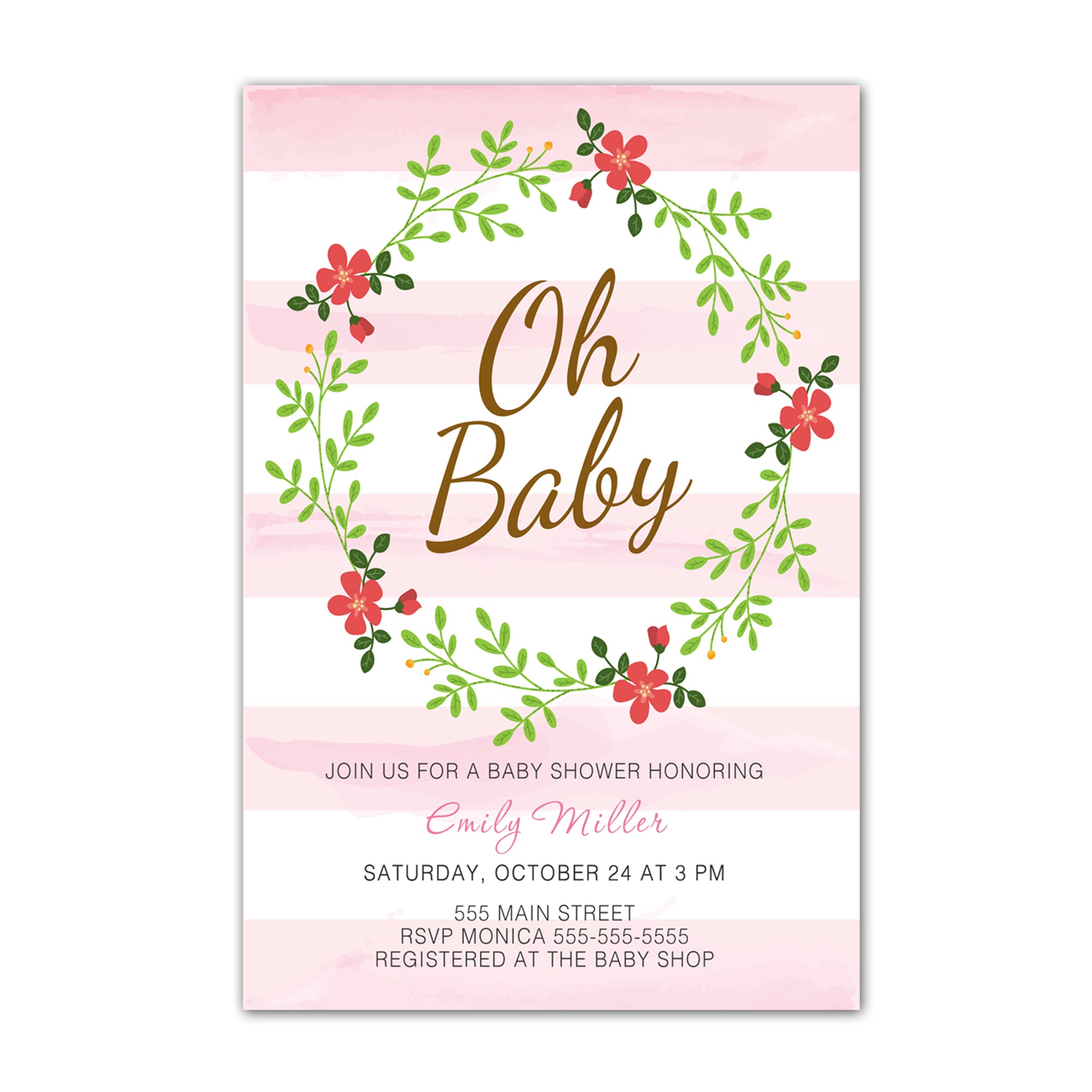 30 Oh baby invitations girl shower pink watercolor stripes floral & envelopes