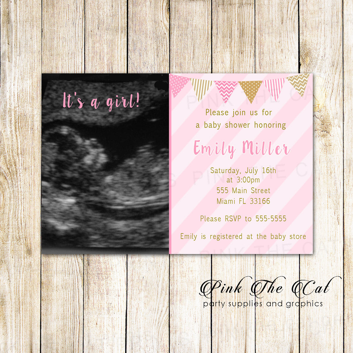 Baby shower invitations pink gold girl with photo printable