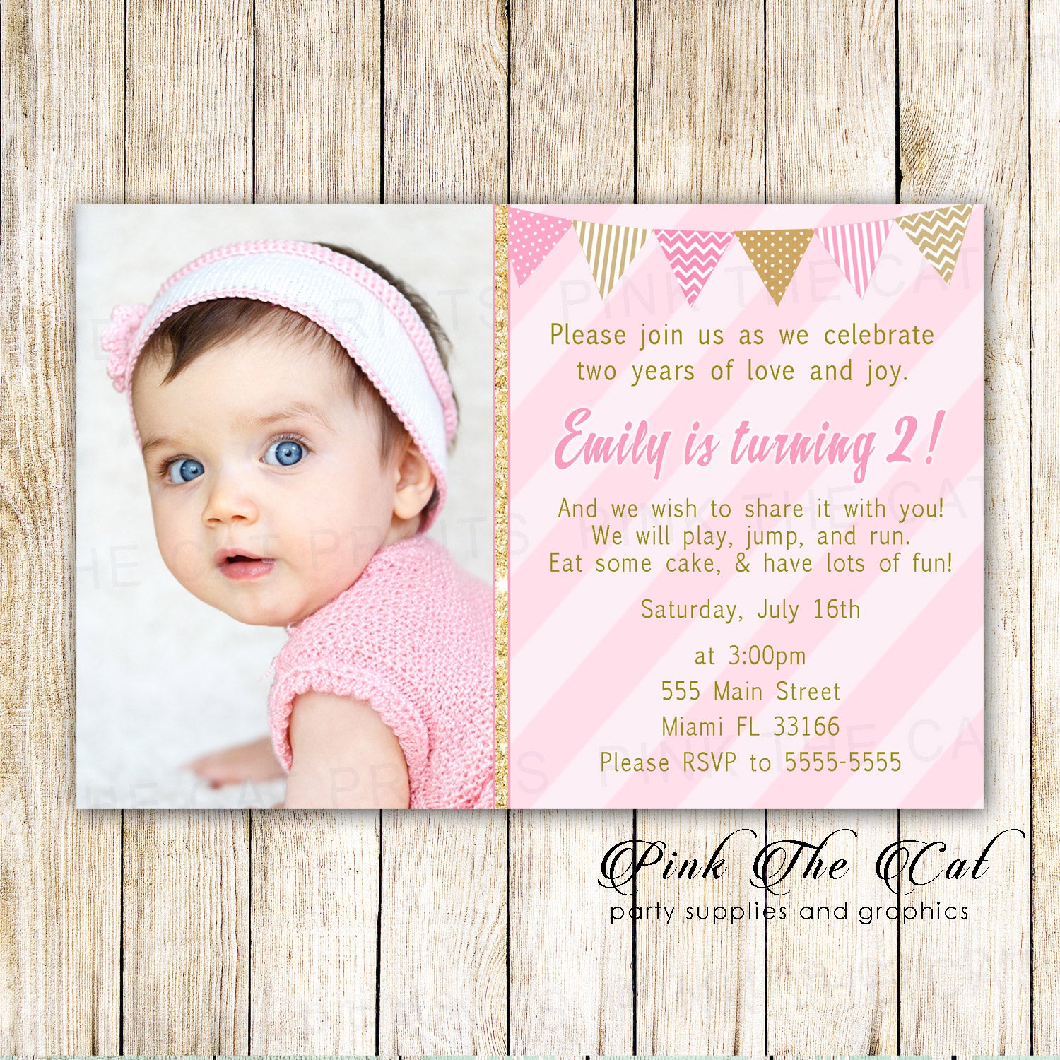 30 invitations glitter gold pink girl birthday photo card