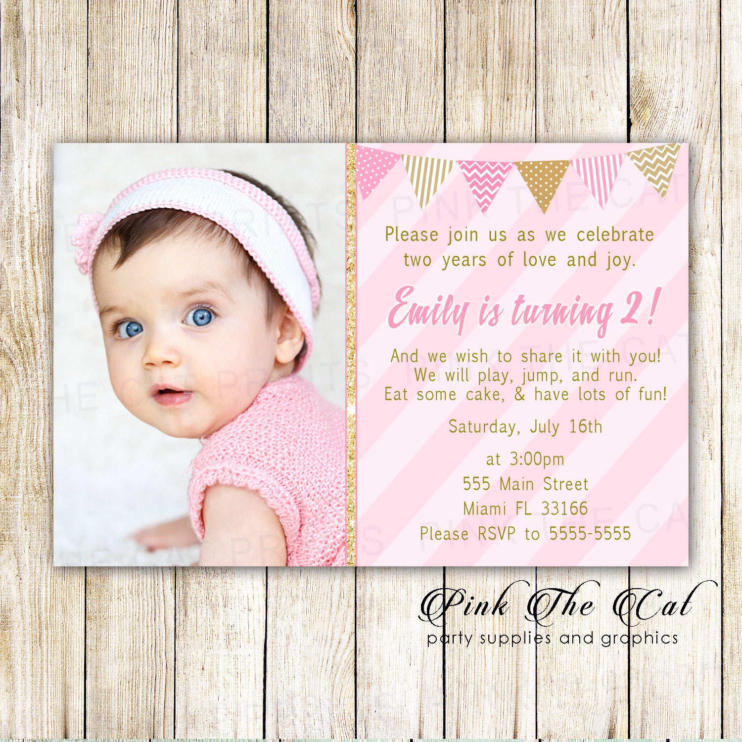 30 invitations glitter gold pink girl birthday photo card