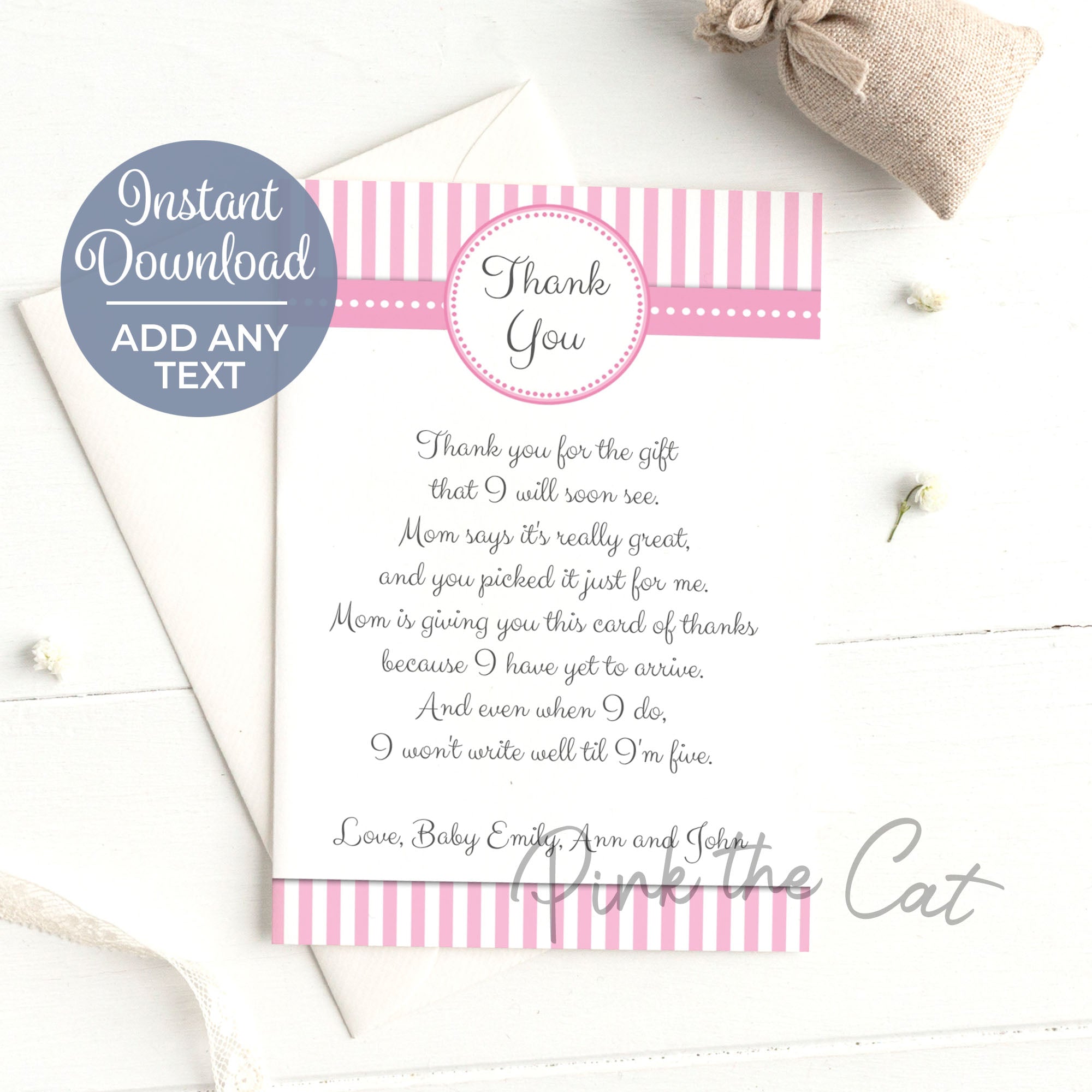 Pink Stripes Thank you Card Note Birthday Baby Girl Shower