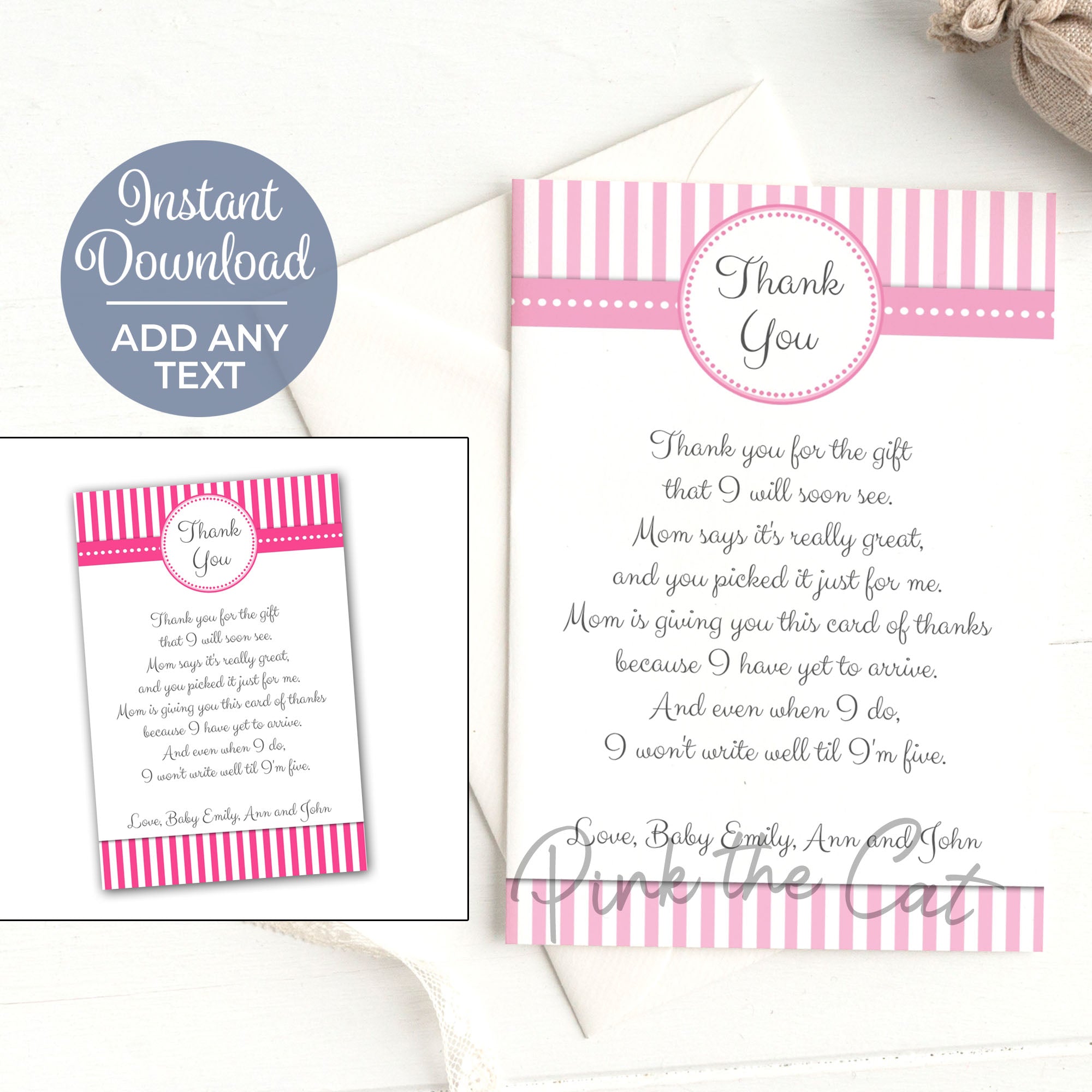 Pink Stripes Thank you Card Note Birthday Baby Girl Shower