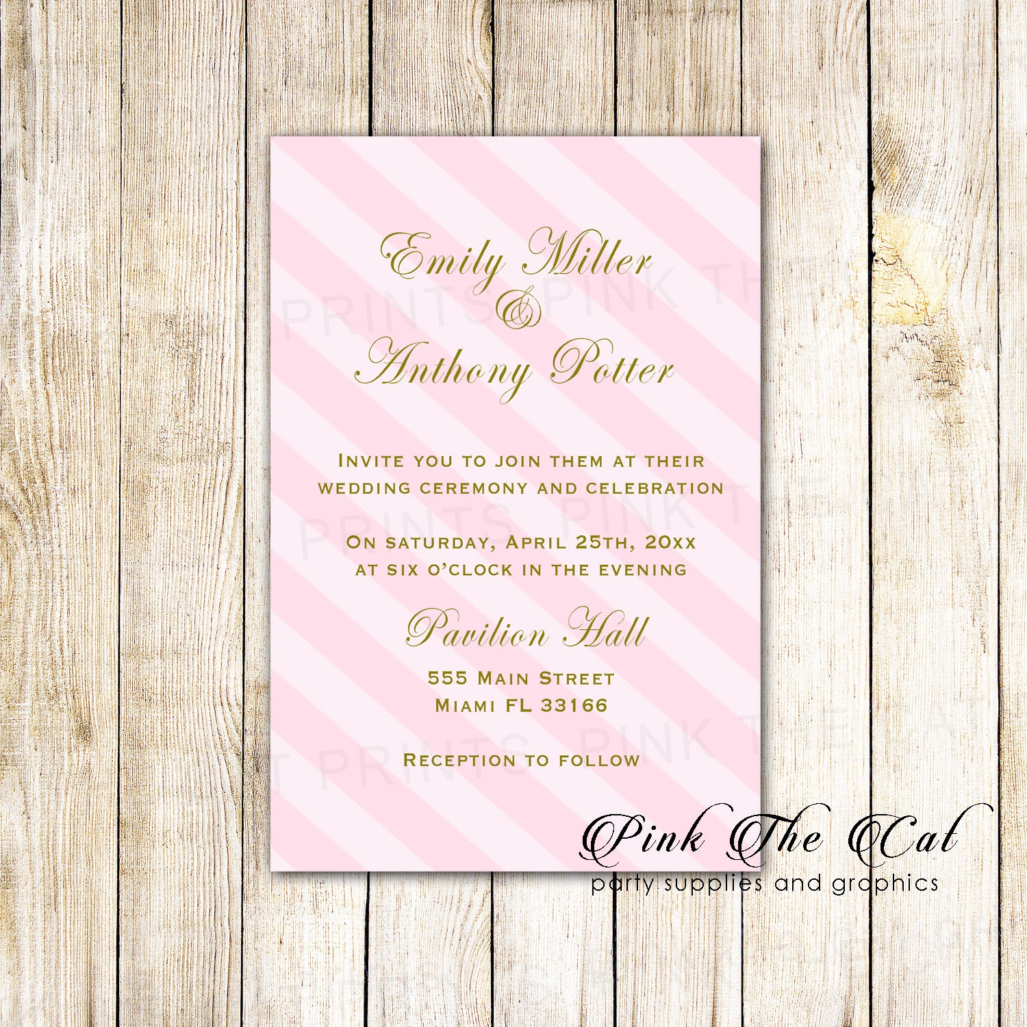 Wedding Invitations Blush Pink Gold Striped Printable