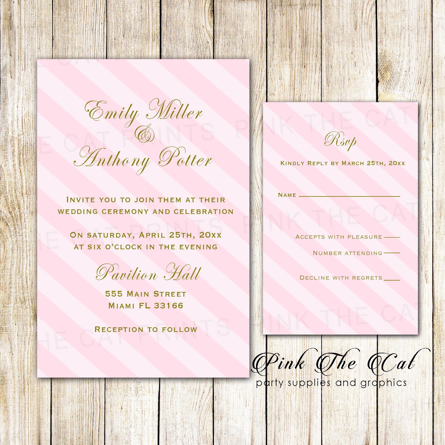 100 Gold Pink Striped Wedding Invitations & RSVP Cards