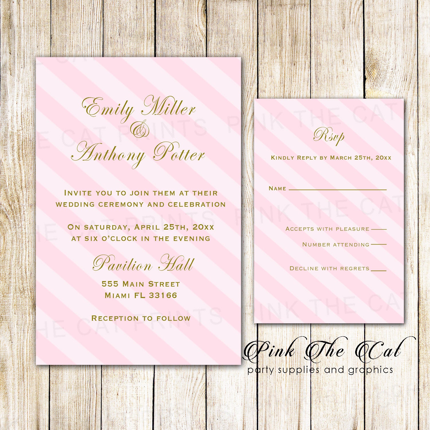 Gold Pink Striped Wedding Invitations & RSVP Cards Printable