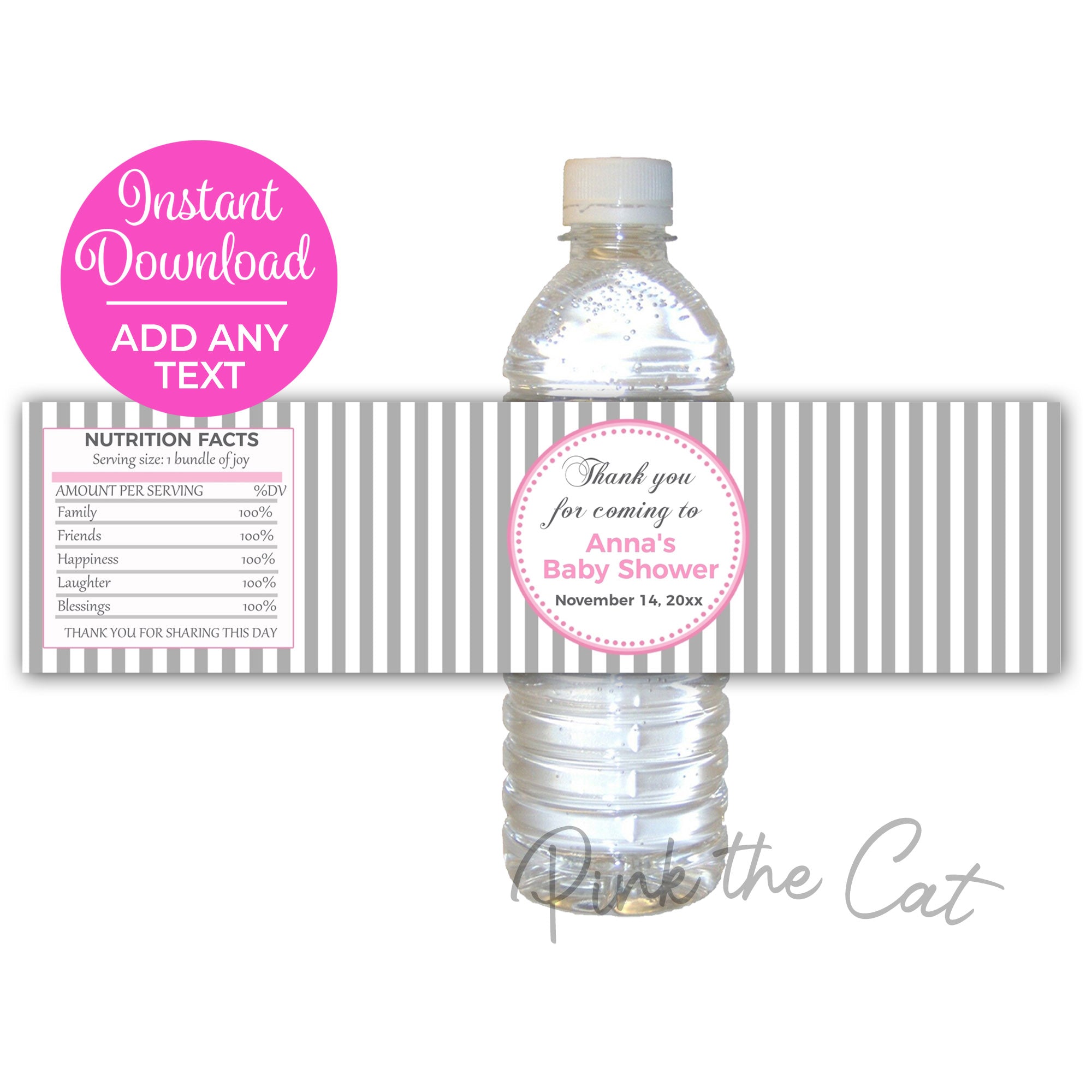 Silver Pink Baby Shower Birthday Bottle Label