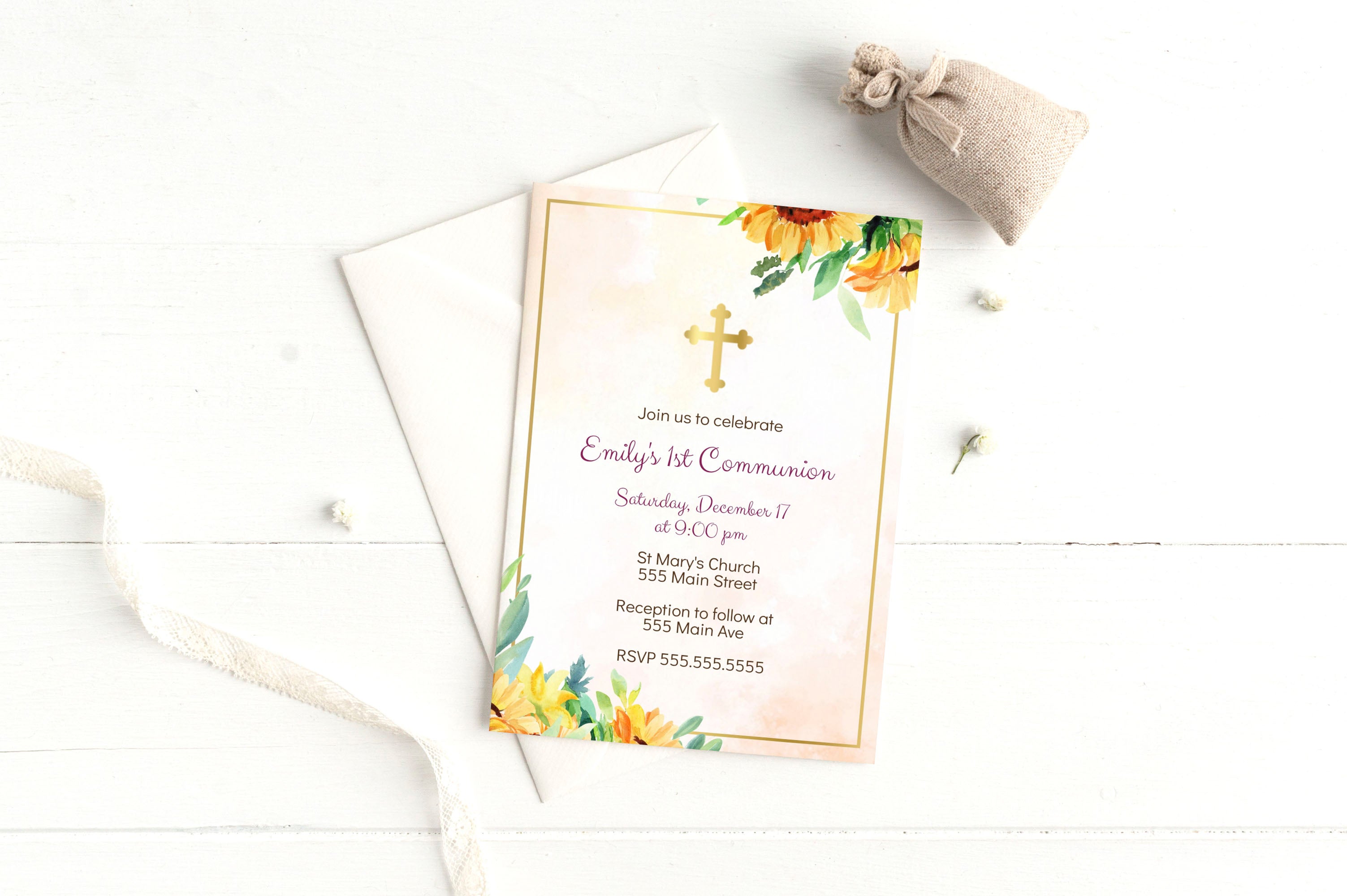 Sunflower baptism first communion invitation