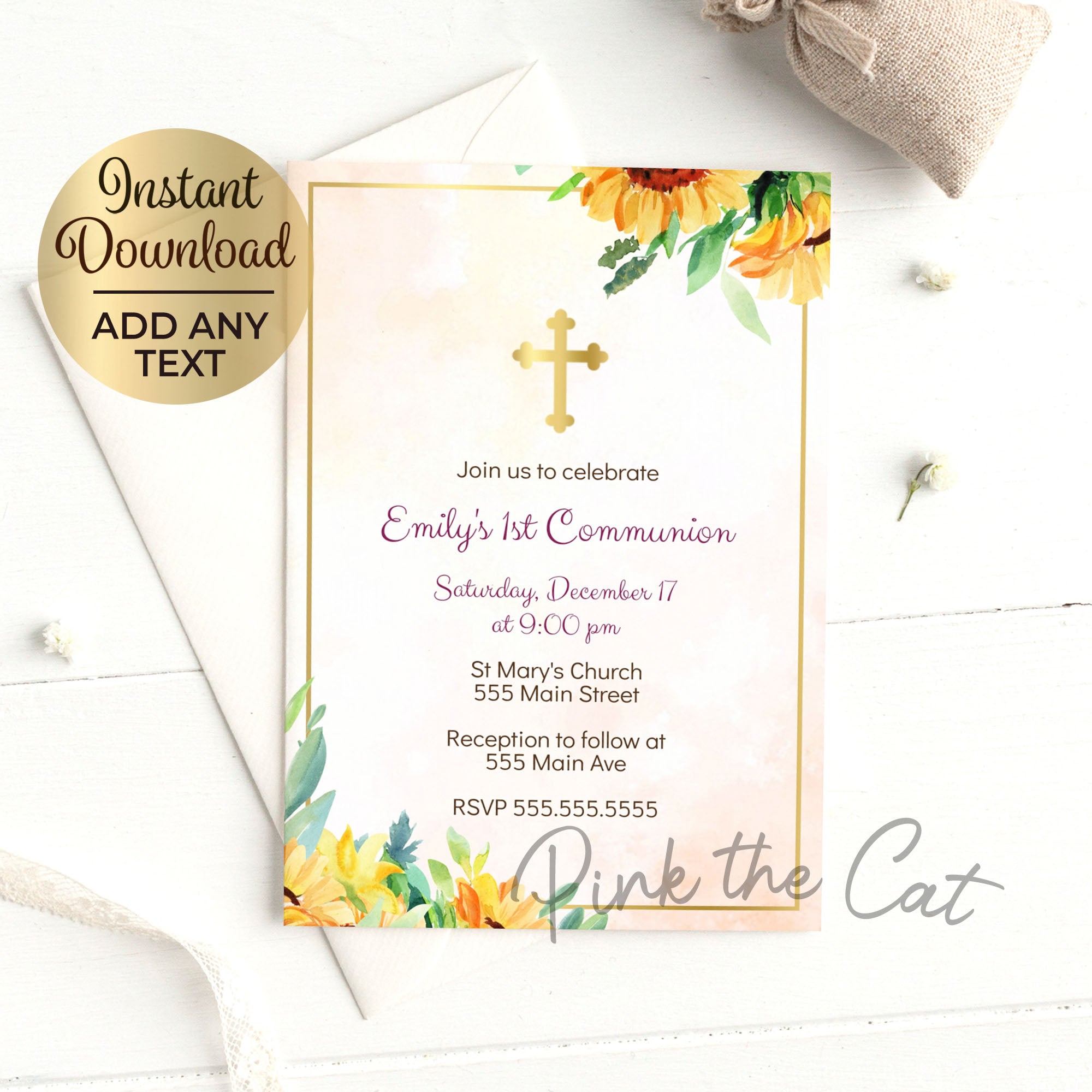 Sunflower baptism first communion invitation