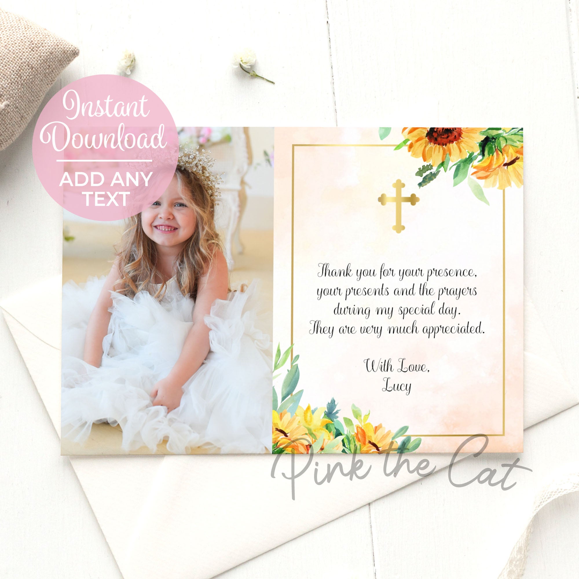 Sunflower Baptism Communion Thank You Note With Photo