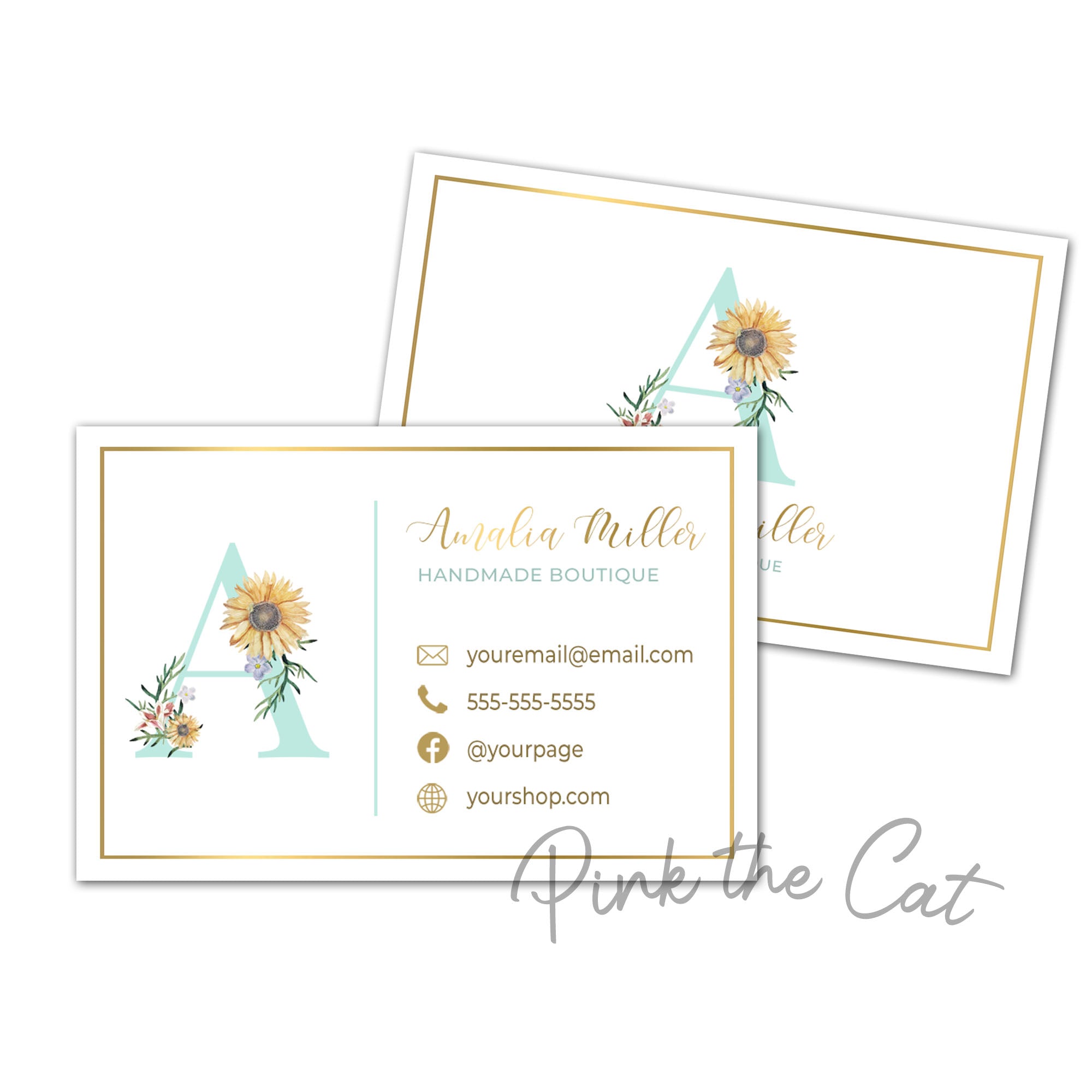 Monogram sunflower business card teal gold
