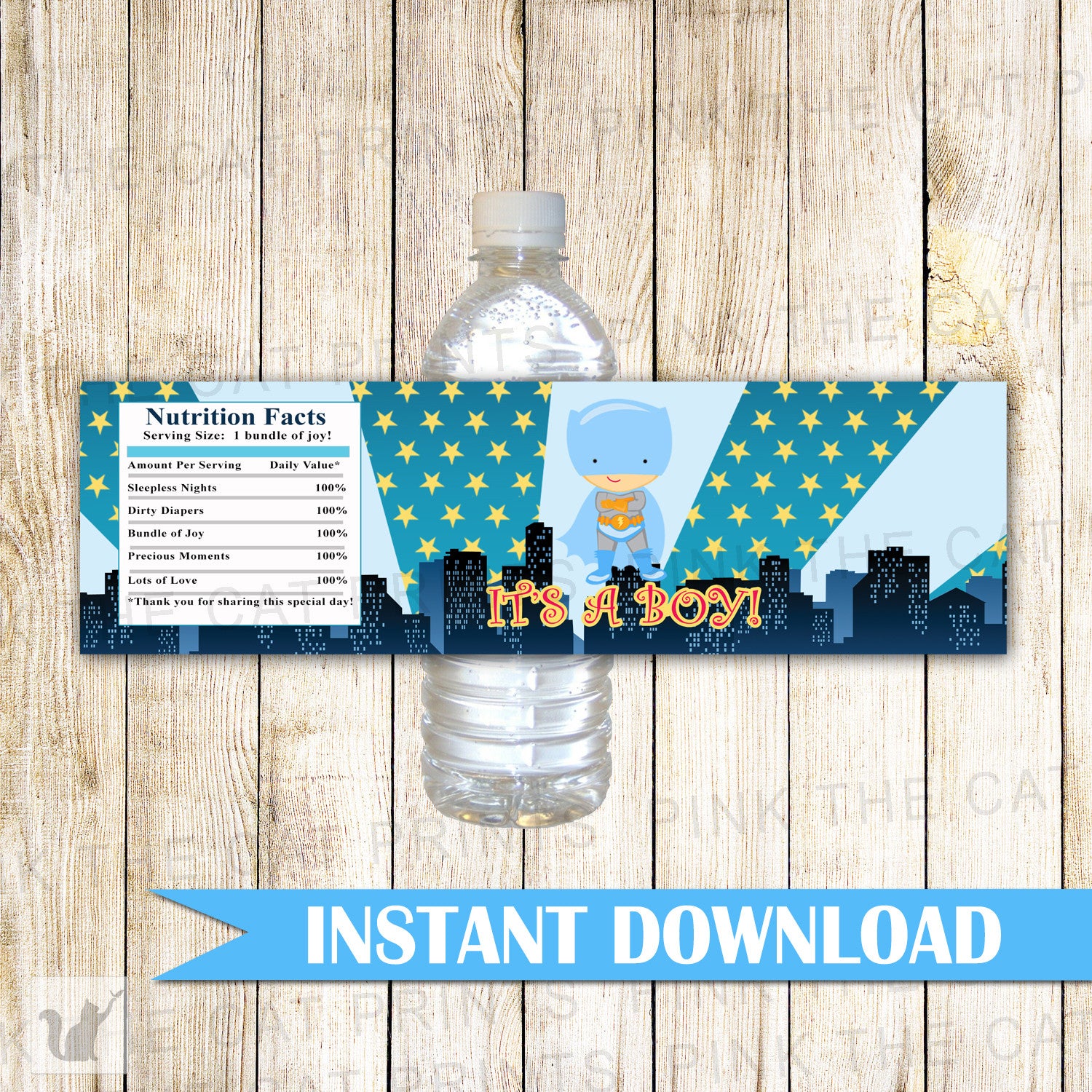 Superhero Bottle Label Birthday Baby Boy Shower Blue Bat