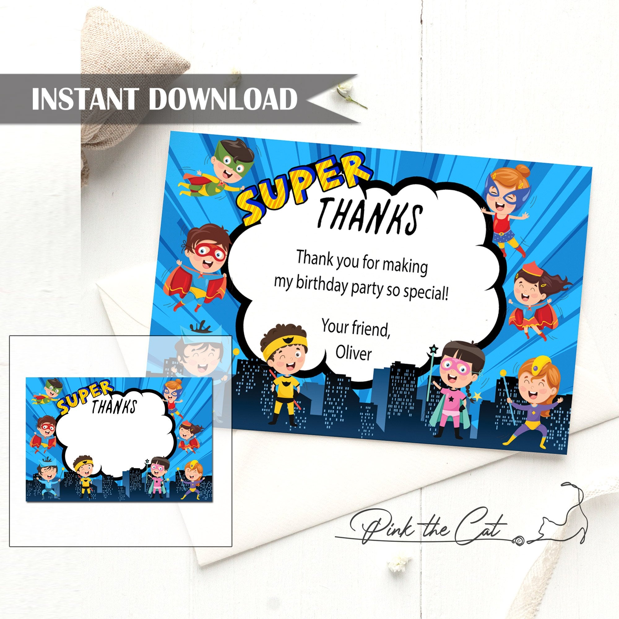 Kids superhero thank you card birthday baby shower editable template
