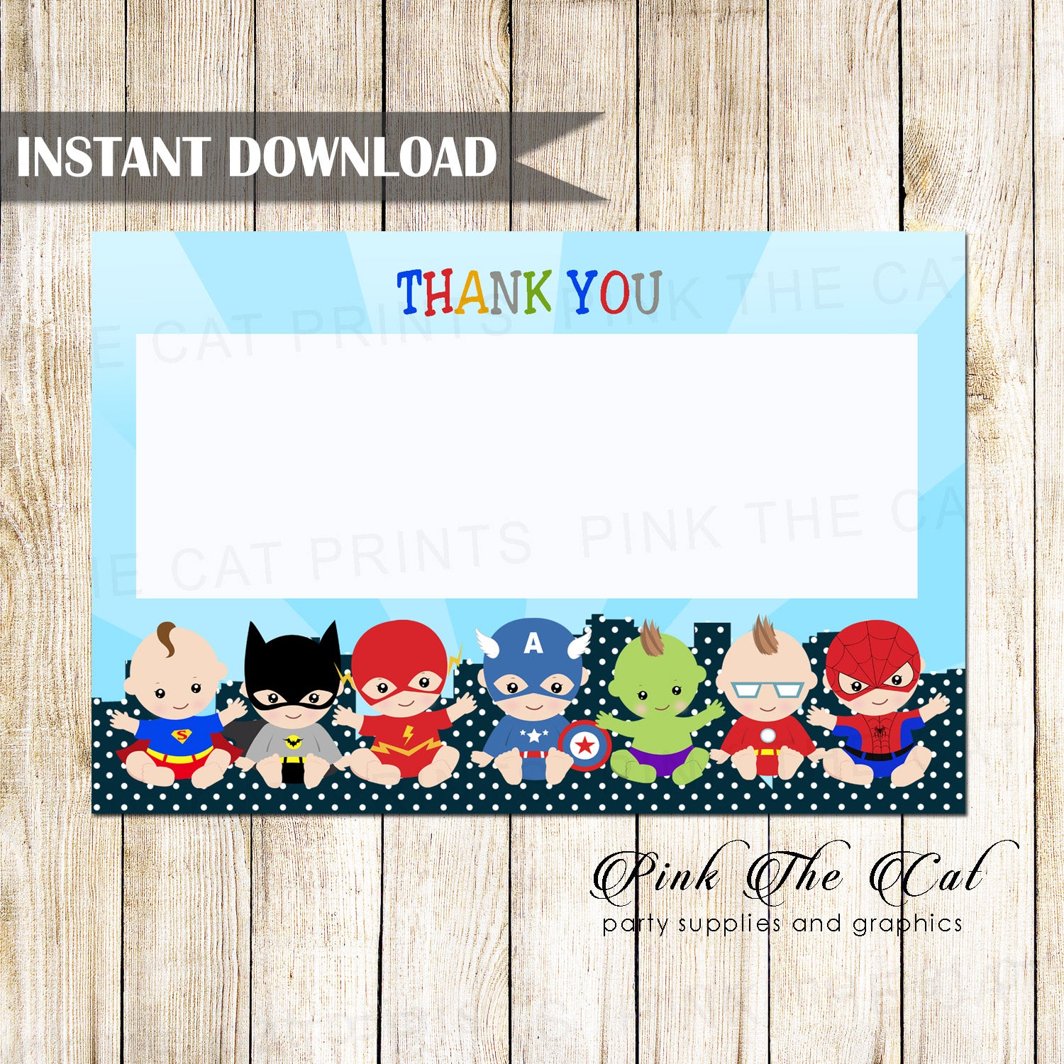 Superheroes Blank Thank You Card  Baby Shower Printable