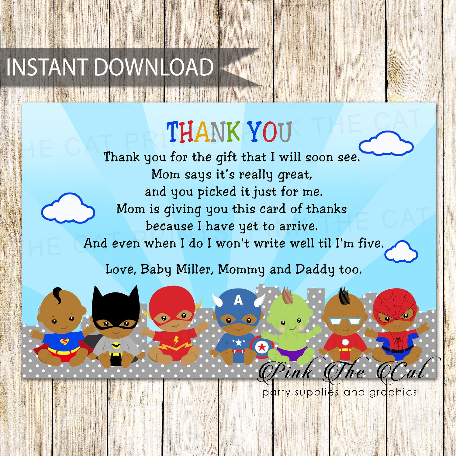 Superheroes baby shower thank you card african printable