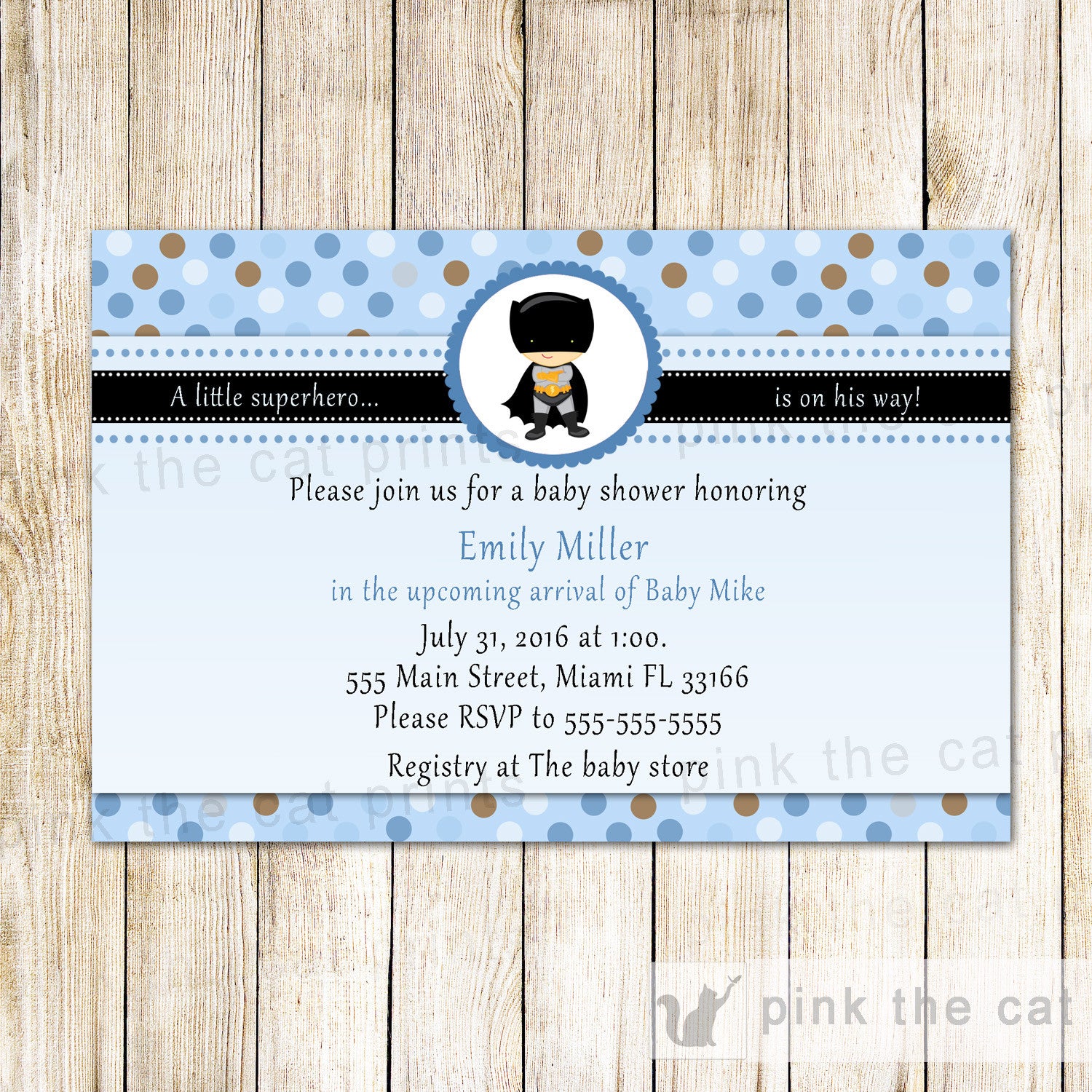 Superhero Invitation Boy Birthday Baby Shower Bat