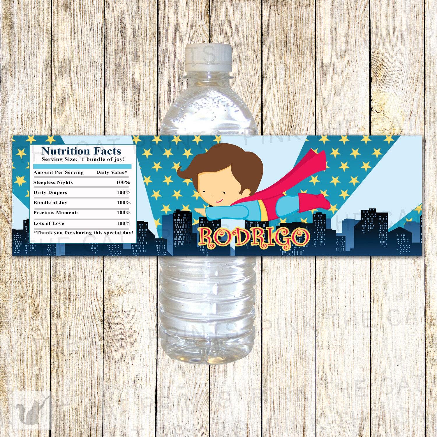 Flying Superhero Bottle Label Wrapper Baby Shower Boy Birthday
