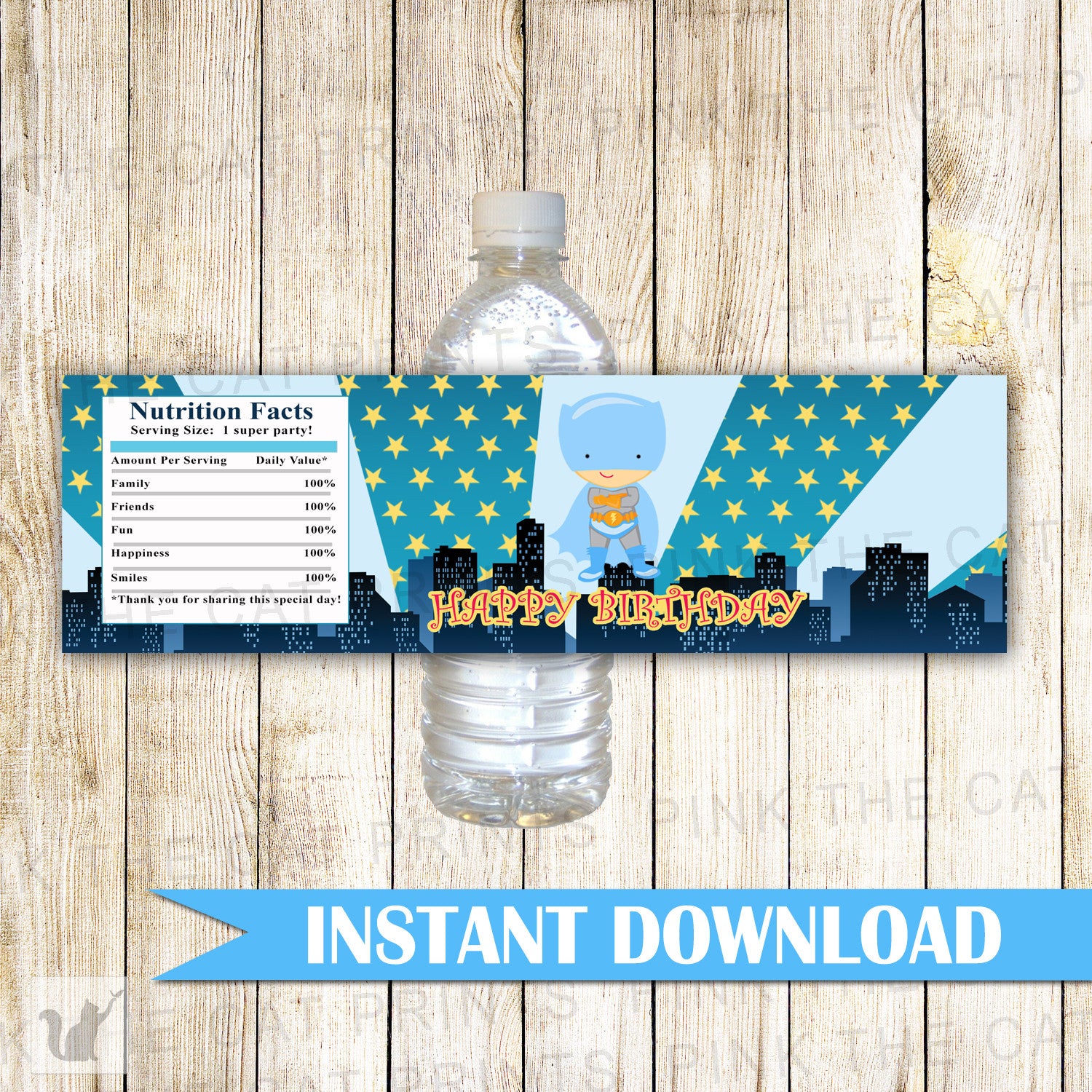Superhero Bottle Label Birthday Boy Birthday Party Blue Bat