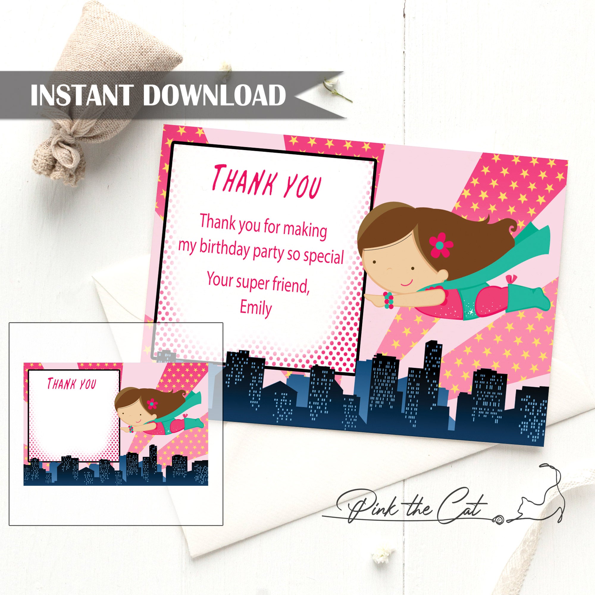 Girl superhero thank you card birthday baby shower editable template