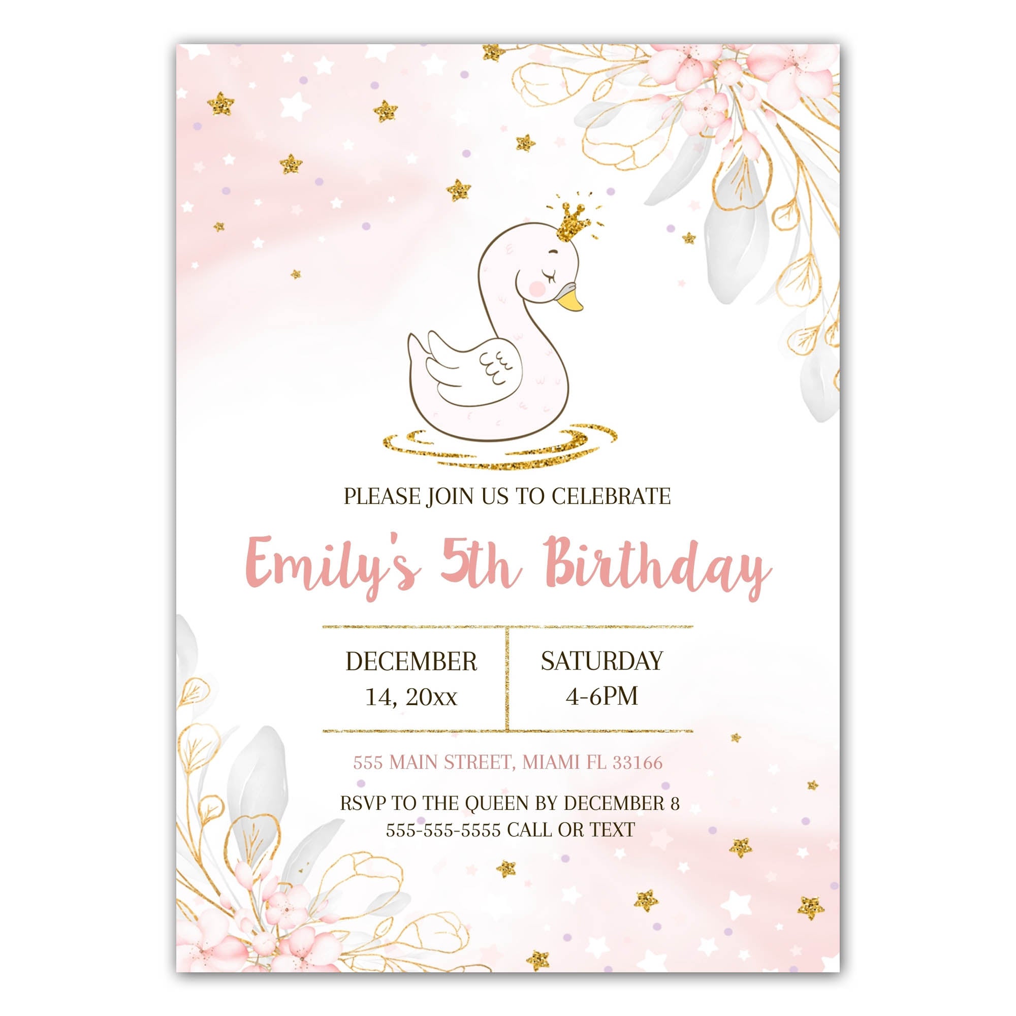 Swan Invitation Birthday Party Glitter Pink