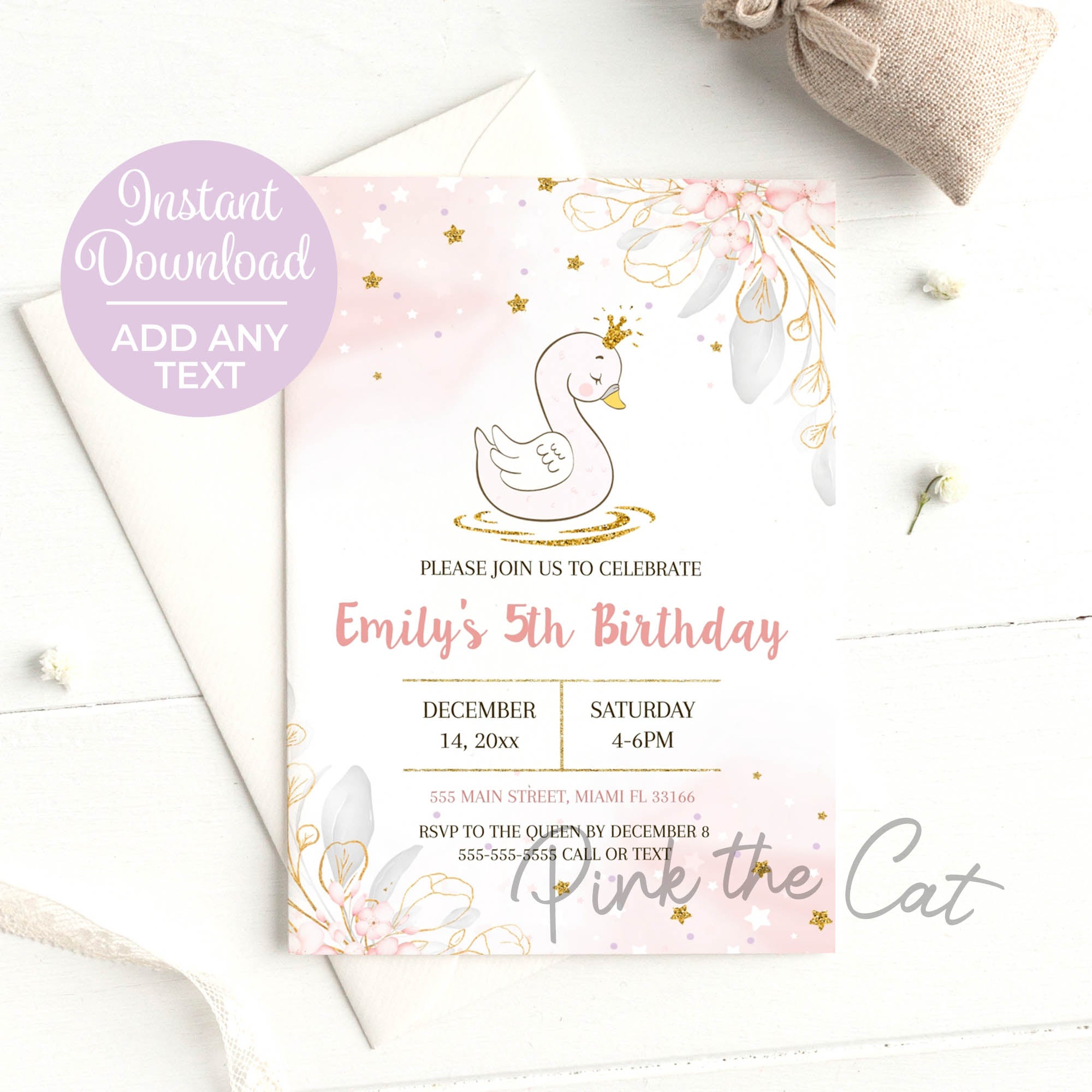 Swan Invitation Birthday Party Glitter Pink