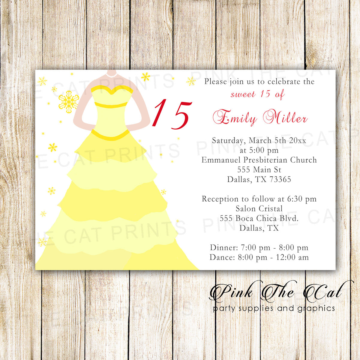 Winter Wonderland Invitation Sweet 15 Yellow Dress Printable