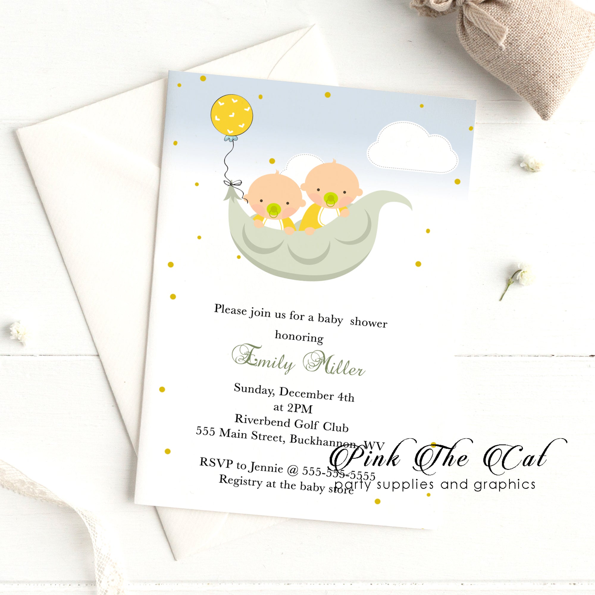 Sweet peas invitation yellow twins baby shower printable