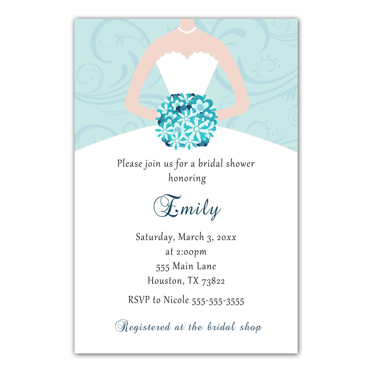Swirl teal bridal shower invitation printable