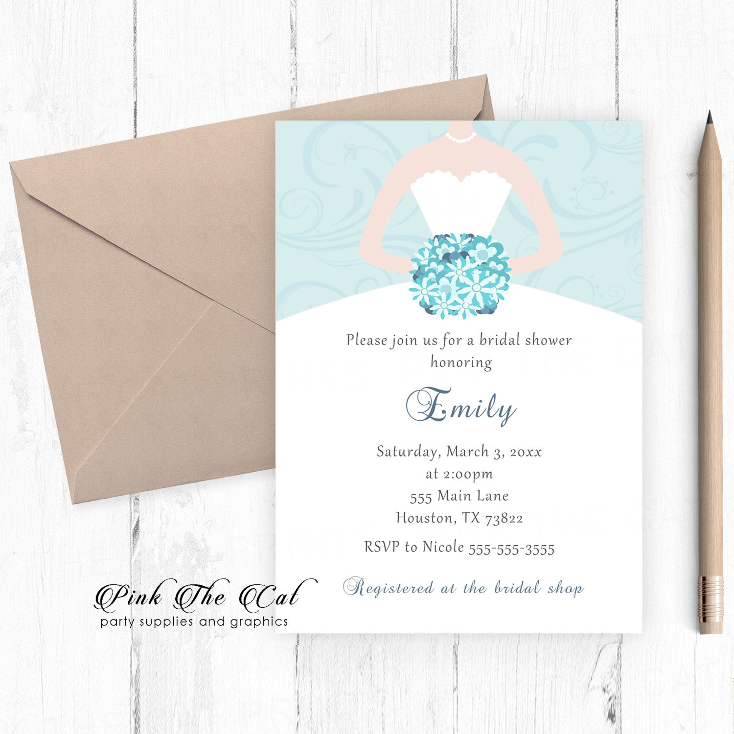 Swirl teal bridal shower invitation printable