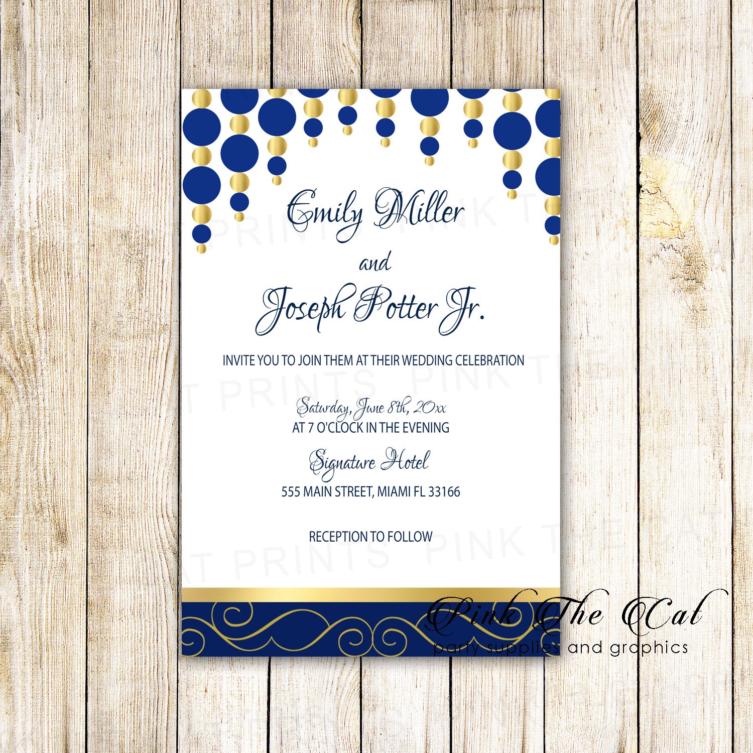 Wedding invitations blue gold ornaments printable