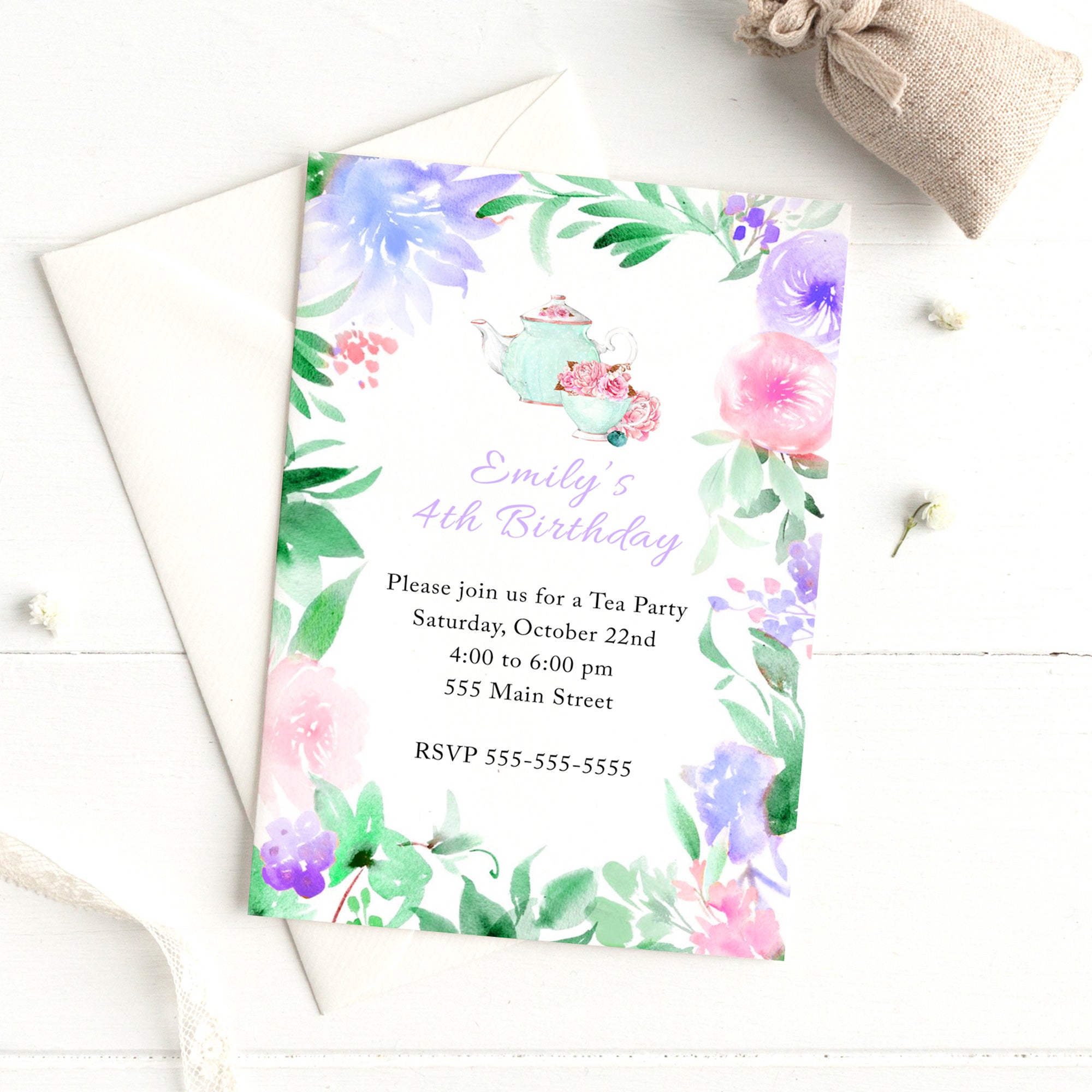 Tea party invitation watercolor printable 2