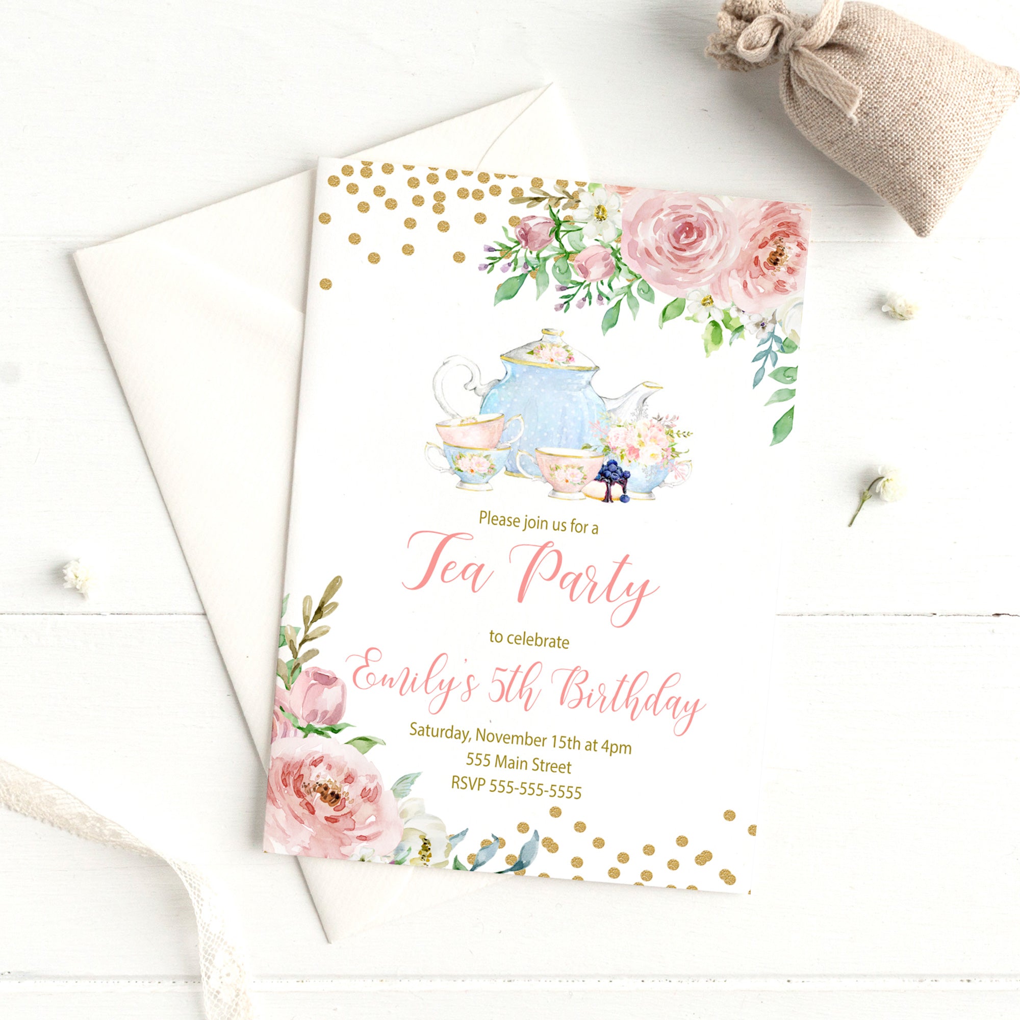 Tea party invitation watercolor (set of 30)