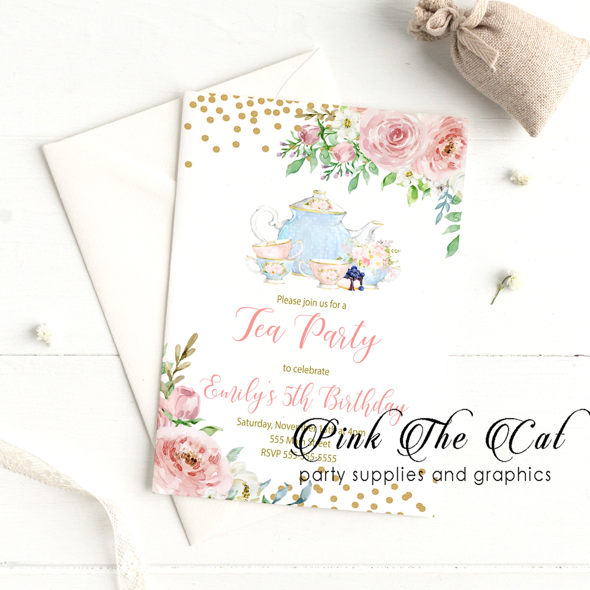 Tea party invitation watercolor floral blush pink gold girl birthday