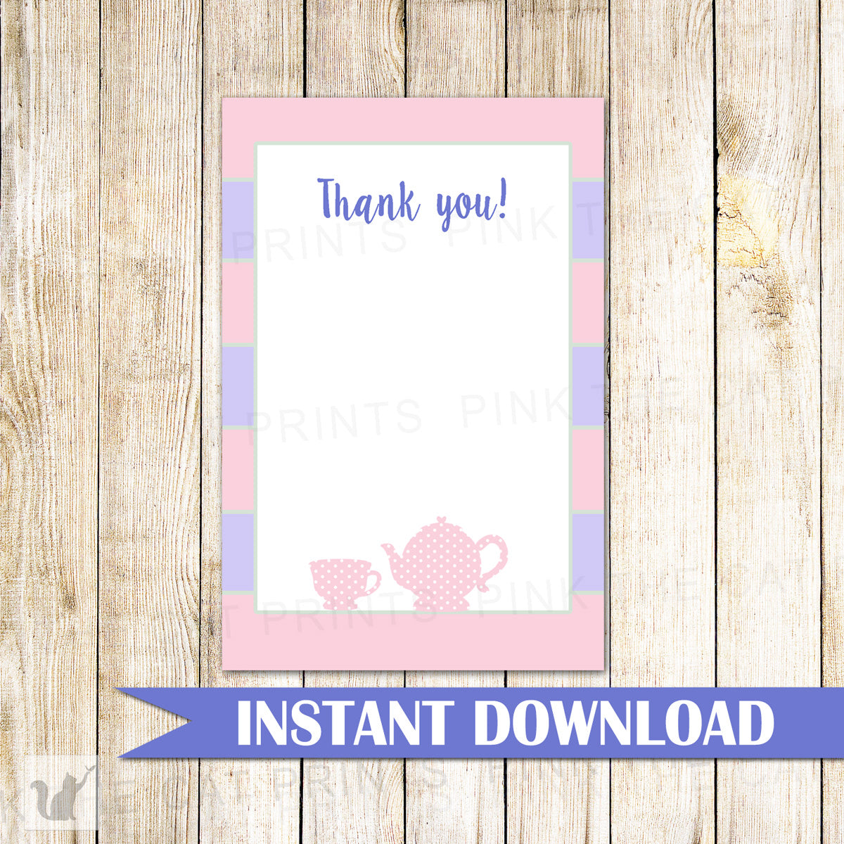 Tea Party Blank Thank You Card Note Birthday Baby Shower Printable